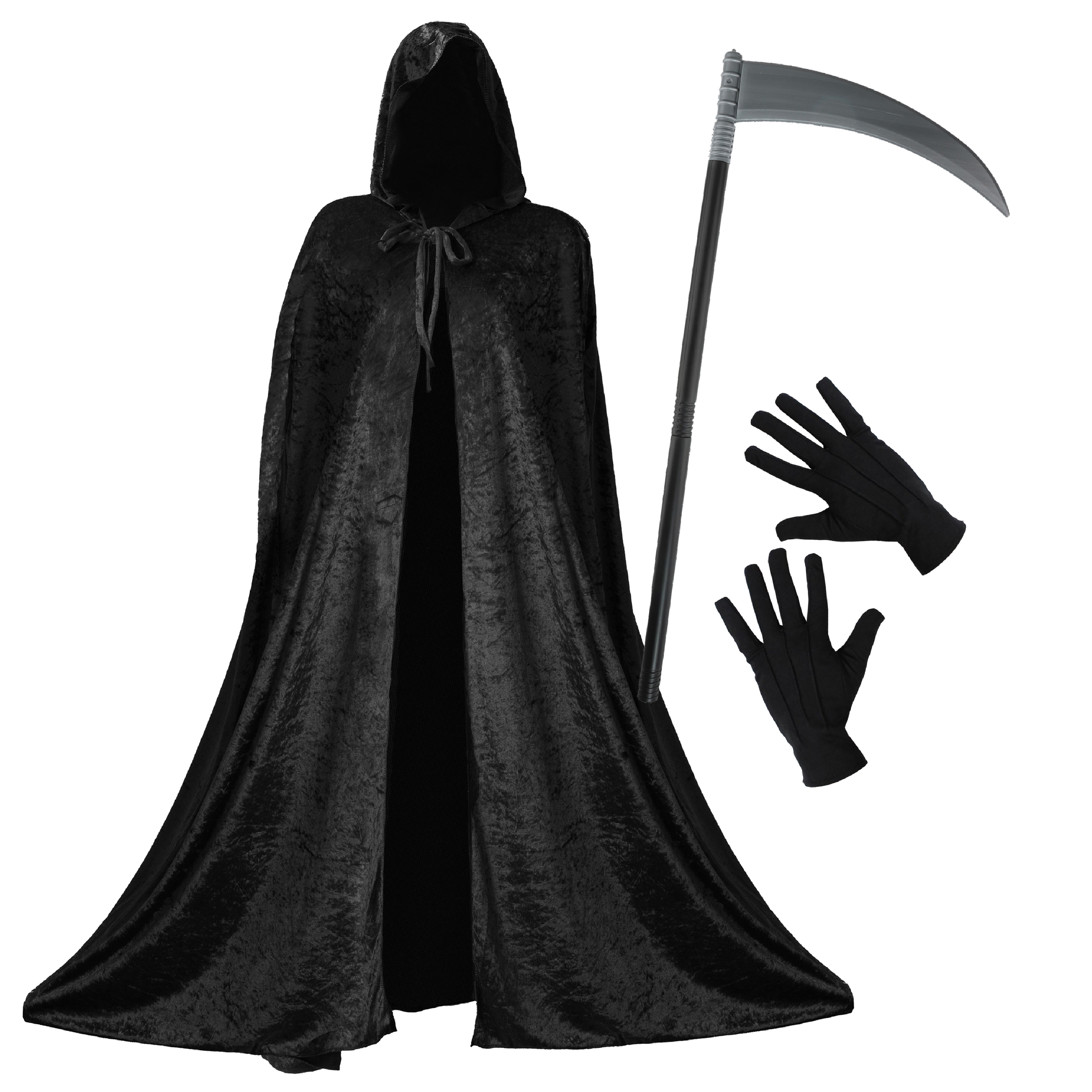 Adults Reaper Costume - Hooded Cape, Scythe & Gloves