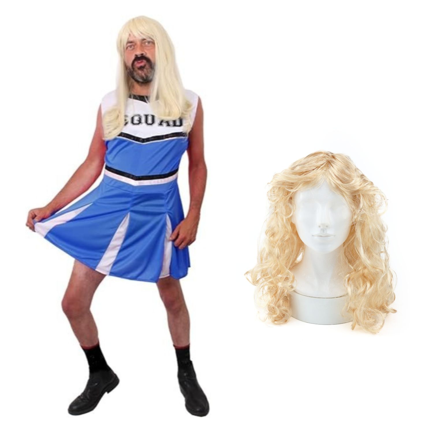 Mens Blue Cheerleader Stag Do Costume with Wig