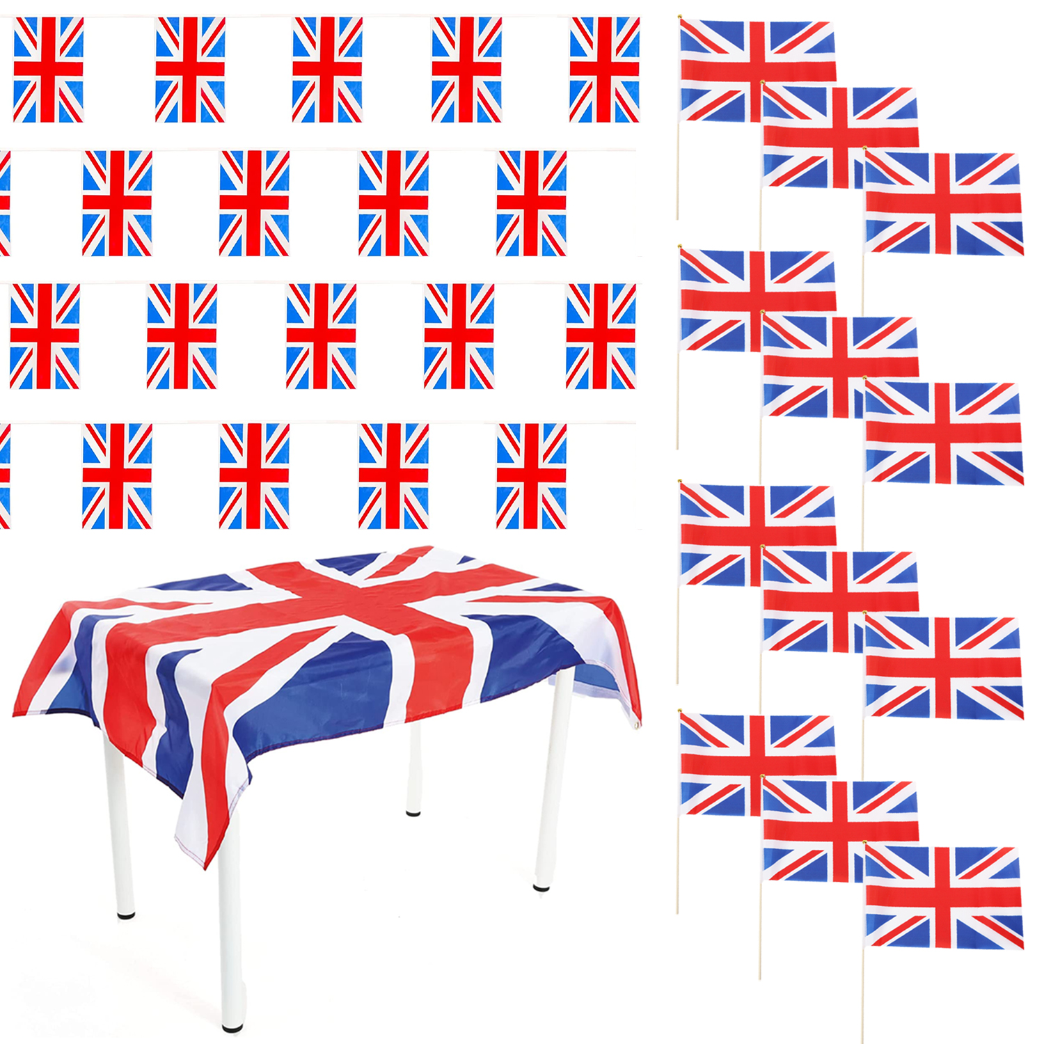 Union Jack Decoration Pack – British Bunting, Large Flag Tablecloth & 12 Hand Waving Flags for UK Celebrations & Events