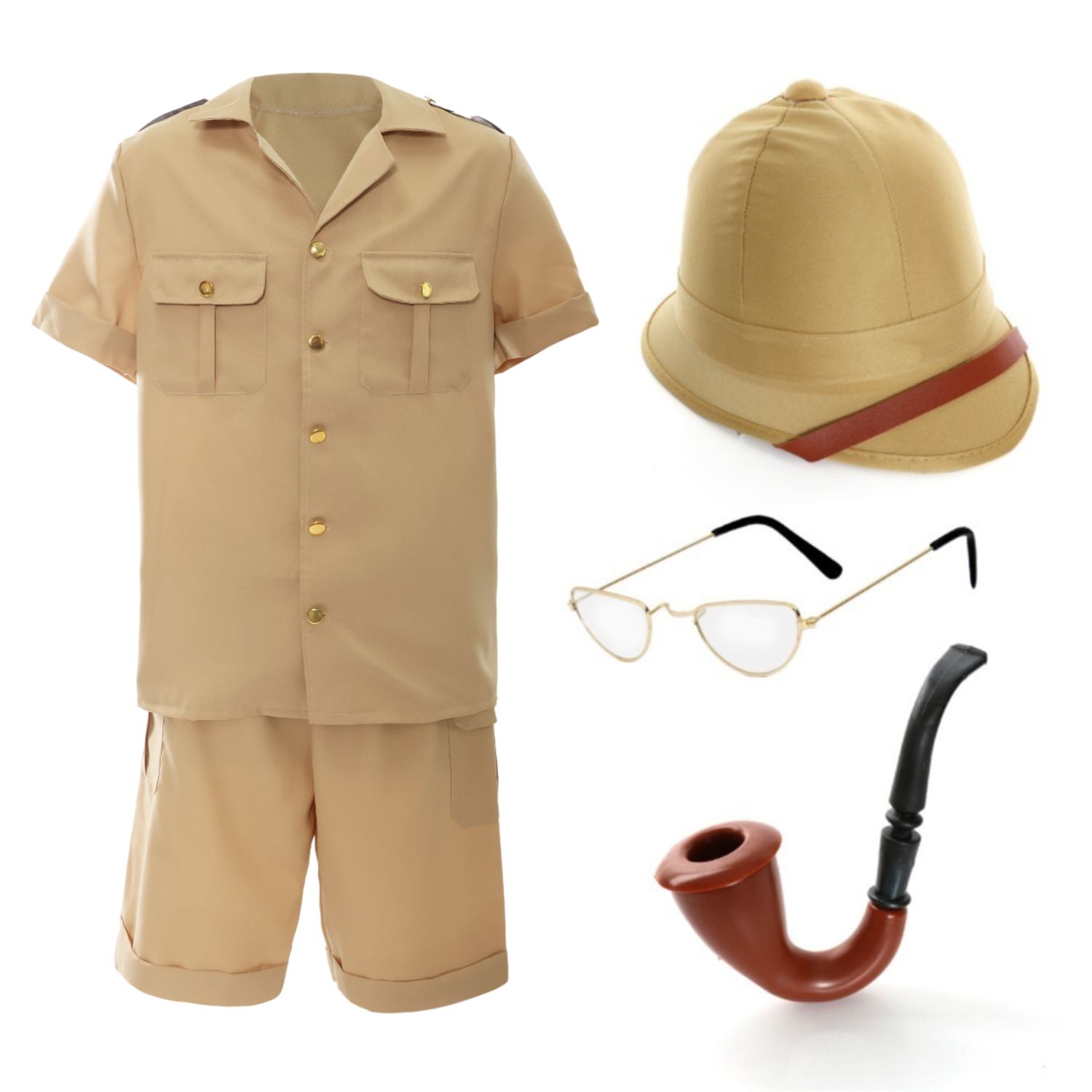 Adults Safari Explorer Costume | 5 Pcs | Top, Shorts, Pith Helmet Hat, Glasses & Pipe