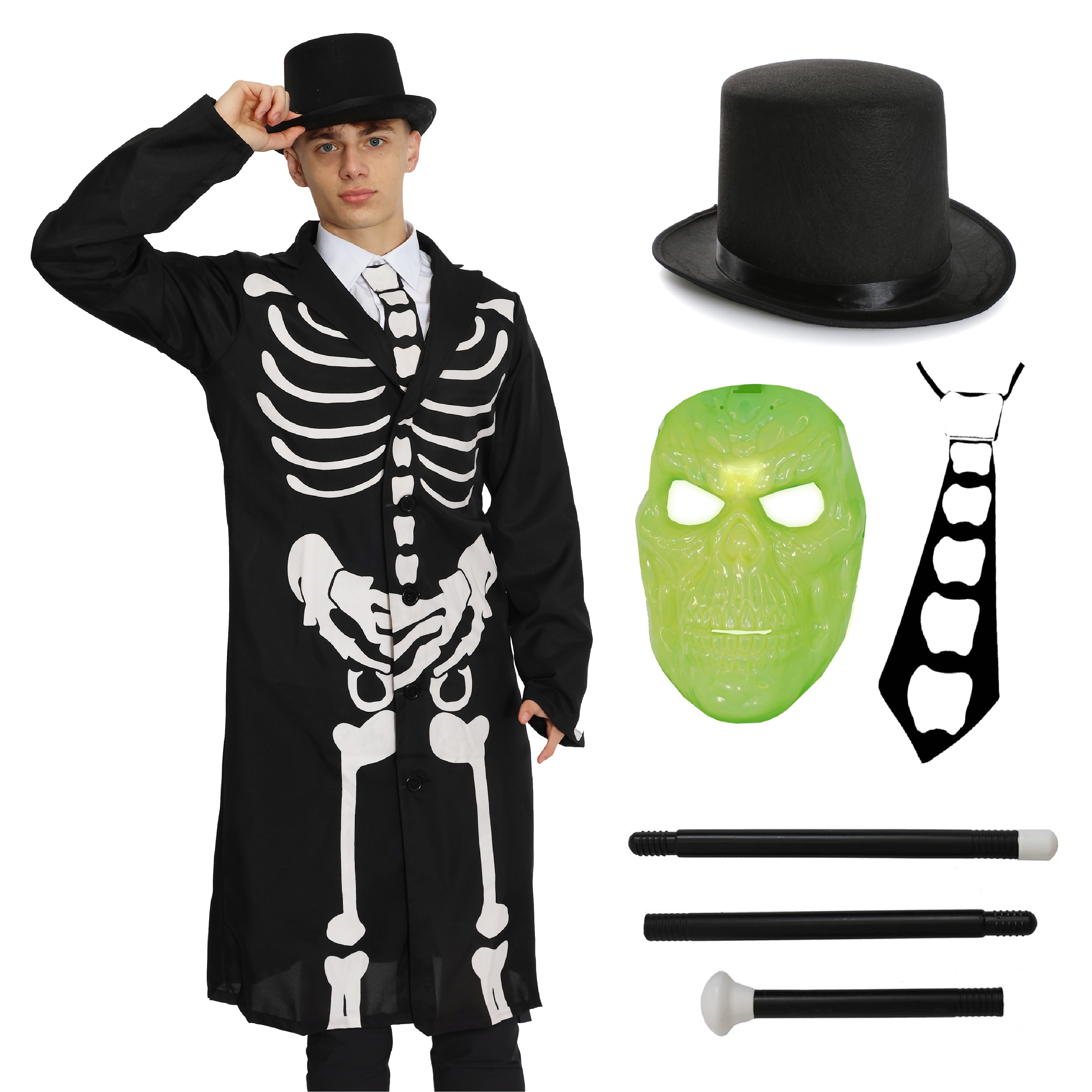 Adults Skeleton Costume - with Glow in the Dark Mask, Top Hat & Cane
