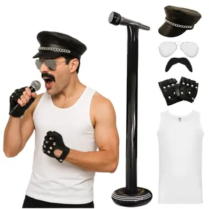 Adults 80's Rock Star Costume Set - Vest, Hat, Glasses, Moustache, Gloves & Inflatable Microphone on Stand