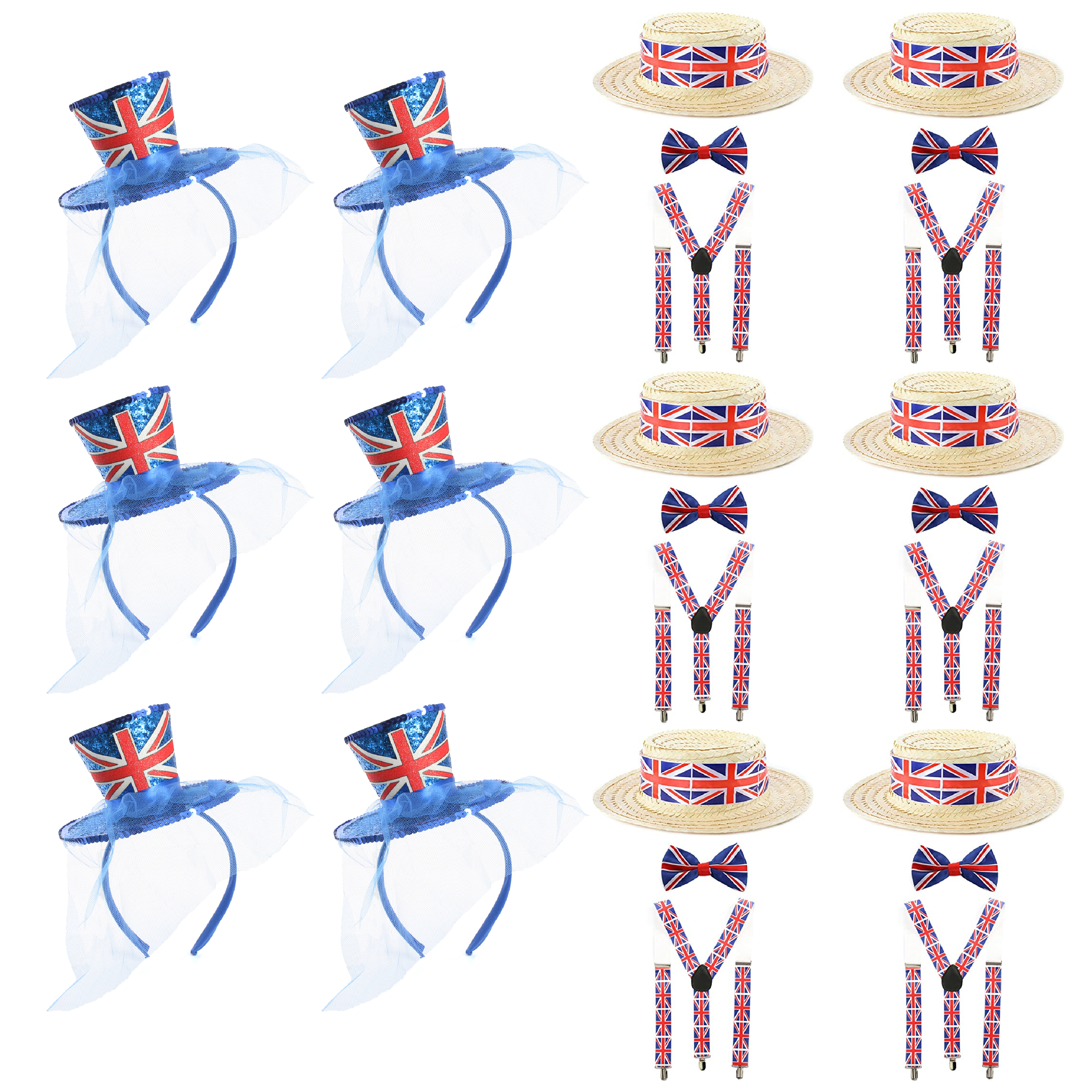 Union Jack Party Accessory Set | 24 Pcs | 6 X Boater Hats, 6 X Mini Fascinators, 6 X Bow Ties & 6 X Braces