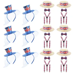 Union Jack Party Accessory Set | 24 Pcs | 6 X Boater Hats, 6 X Mini Fascinators, 6 X Bow Ties & 6 X Braces