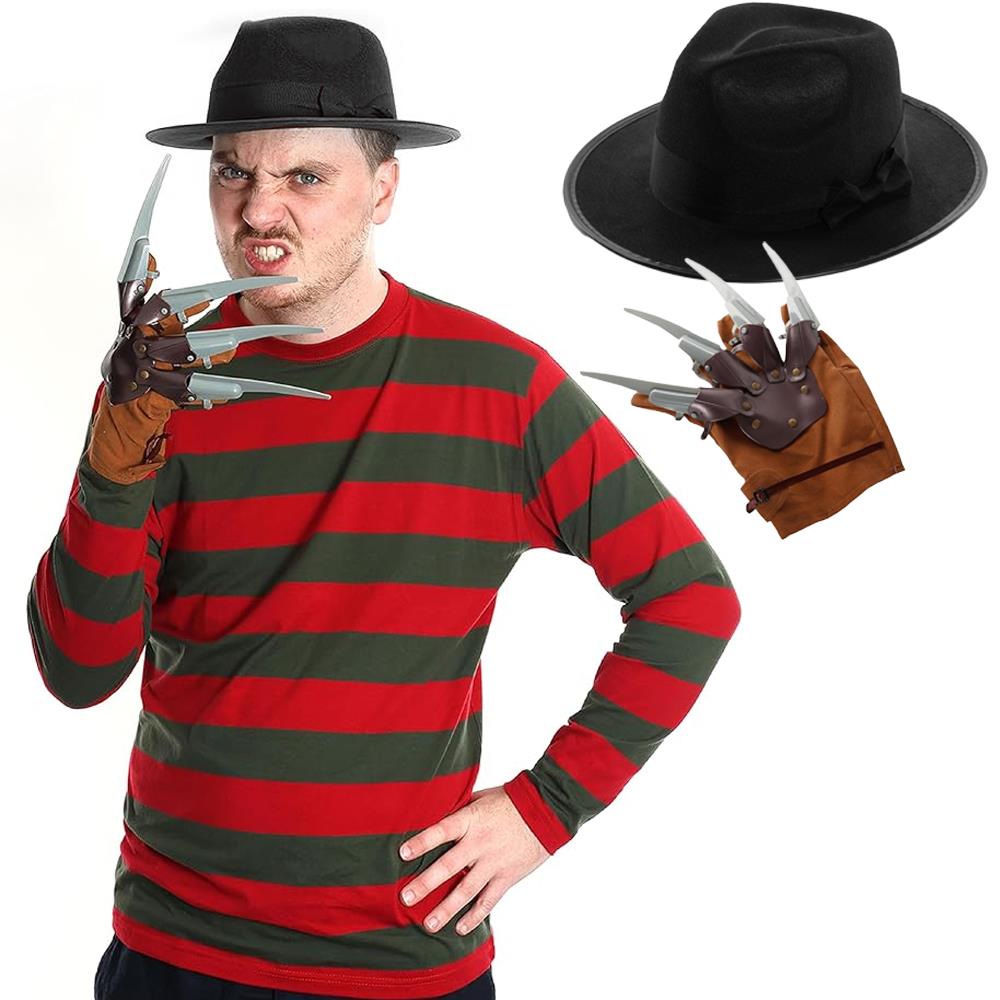 Adults Freddy Krueger Costume - Striped T-shirt, Black Hat & Claw