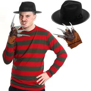 Adults Freddy Krueger Costume - Striped T-shirt, Black Hat & Claw