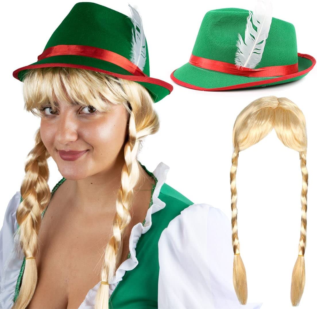 Ladies Oktoberfest Bavarian Plait Wig and Green Hat Set