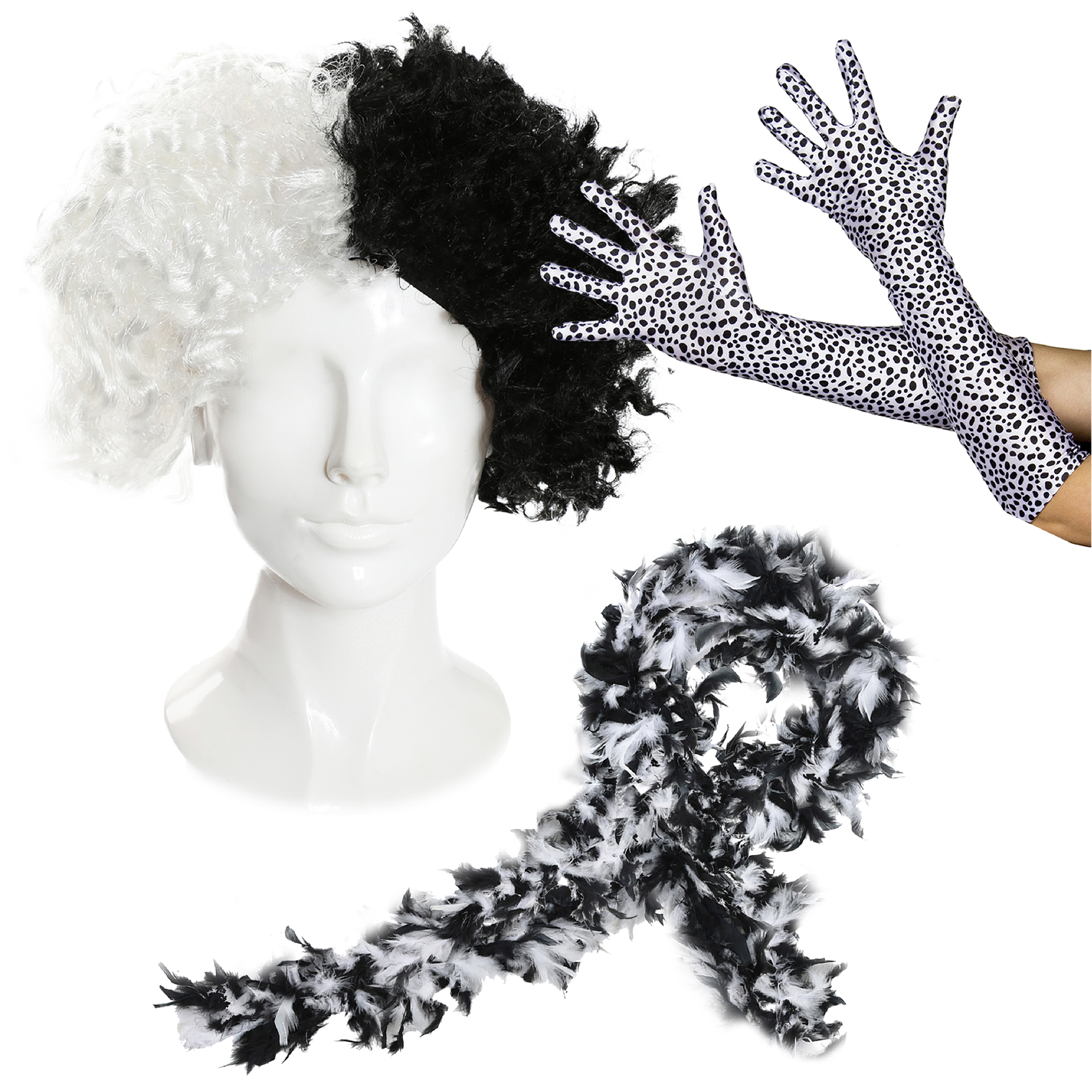 Evil Dog Lady Accessory Set - Crimped Wig, Dalmatian Gloves & Feather Boa