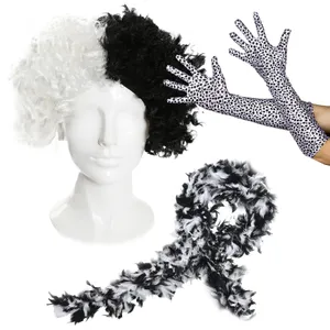 Evil Dog Lady Accessory Set - Crimped Wig, Dalmatian Gloves & Feather Boa