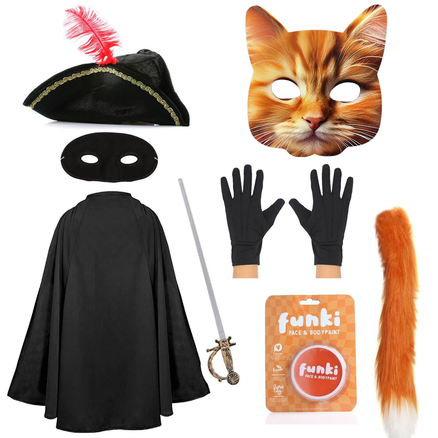 Child's Deluxe Cat Bandit Costume | 8 Pcs | Cape, Hat, Black Mask, Cat Mask, Gloves, Sword, Thin Tail & Orange Face Paint