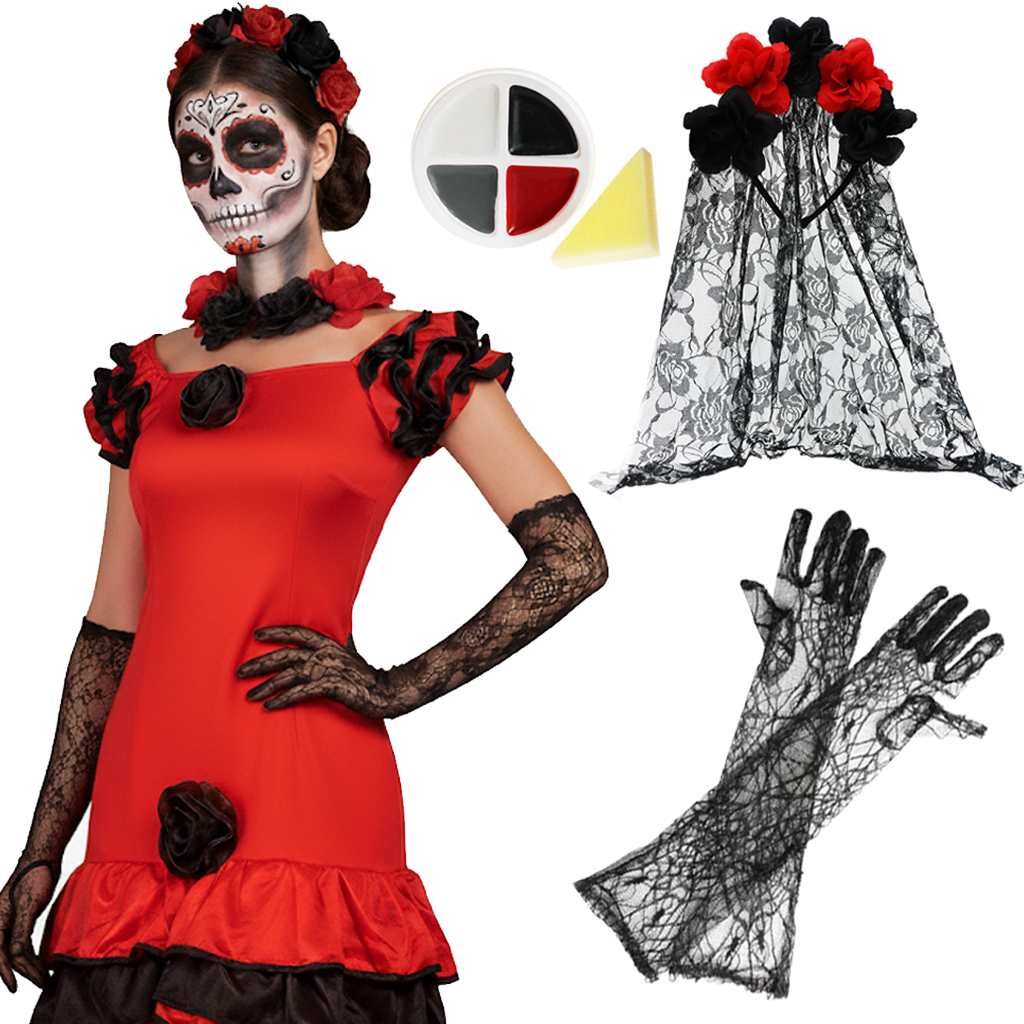 Ladies Day of The Dead Halloween Costume | 4 Pcs | Rumba Dress, Veil, Gloves & Face Paint