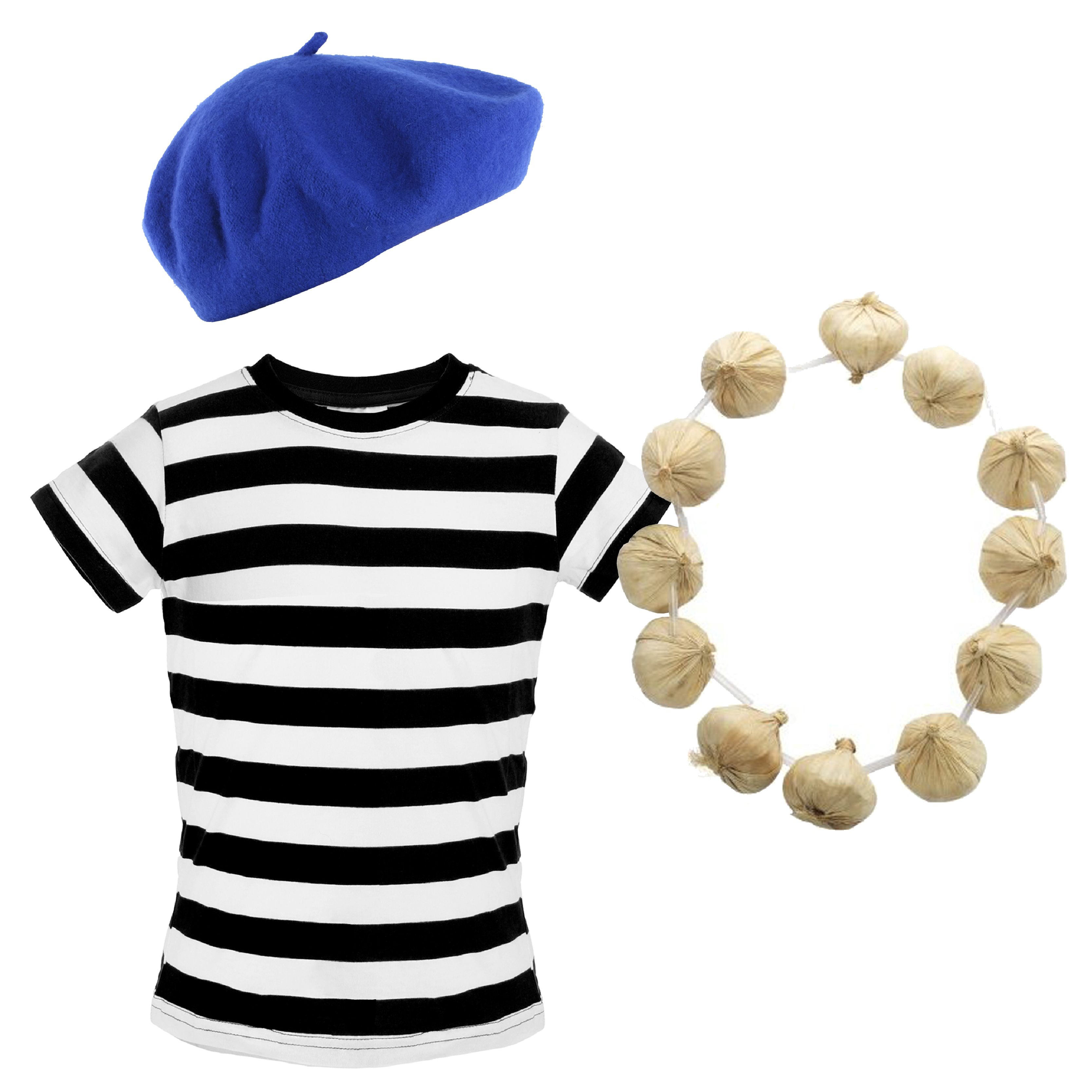 Childs French Costume Set - Striped Top, Blue Beret & Garlic Garland
