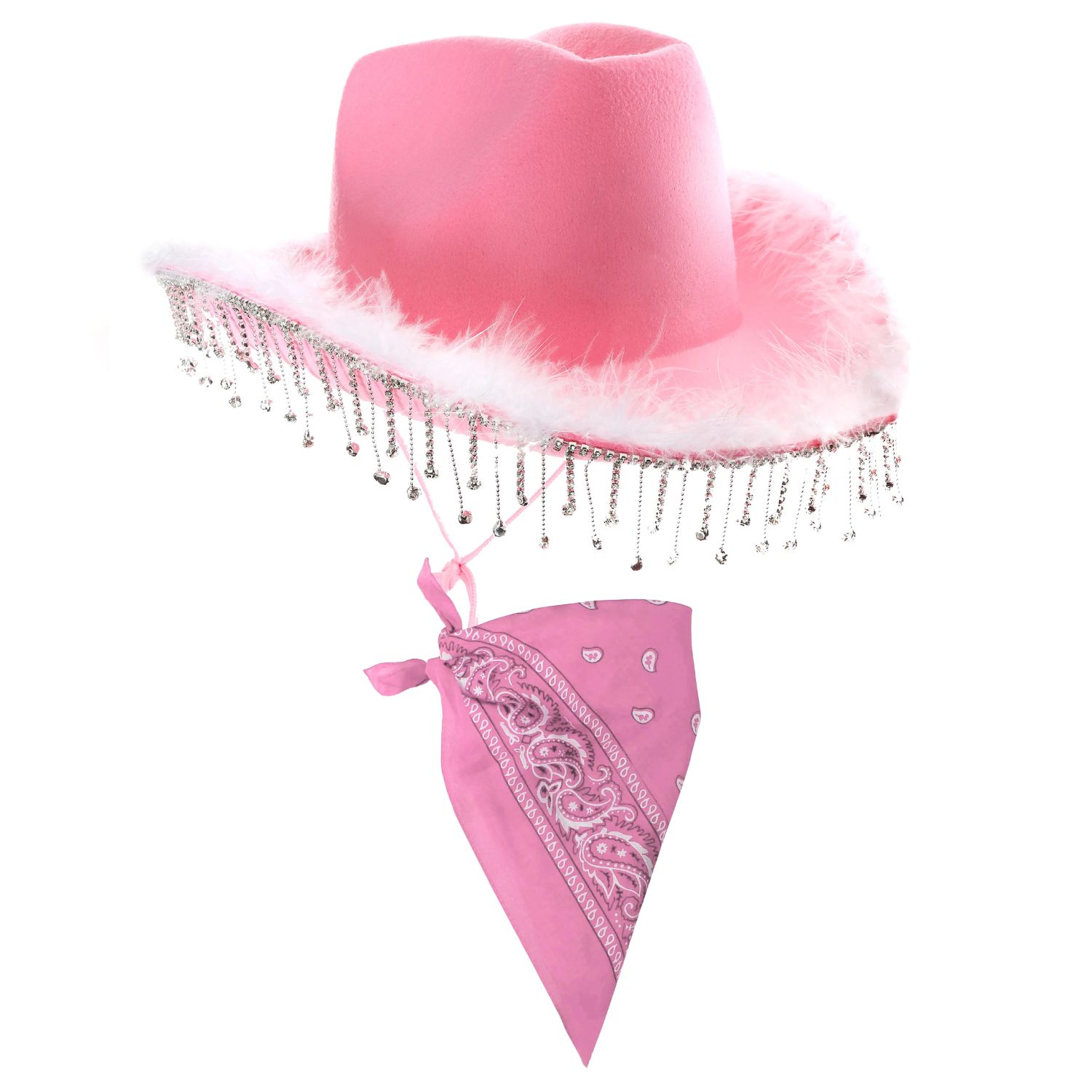 Pink Cowboy Hat with Diamantes + Marabou Trim & Pink Paisley Bandana