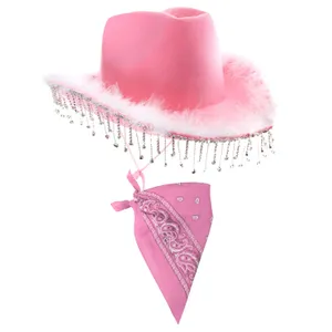 Pink Cowboy Hat with Diamantes + Marabou Trim & Pink Paisley Bandana