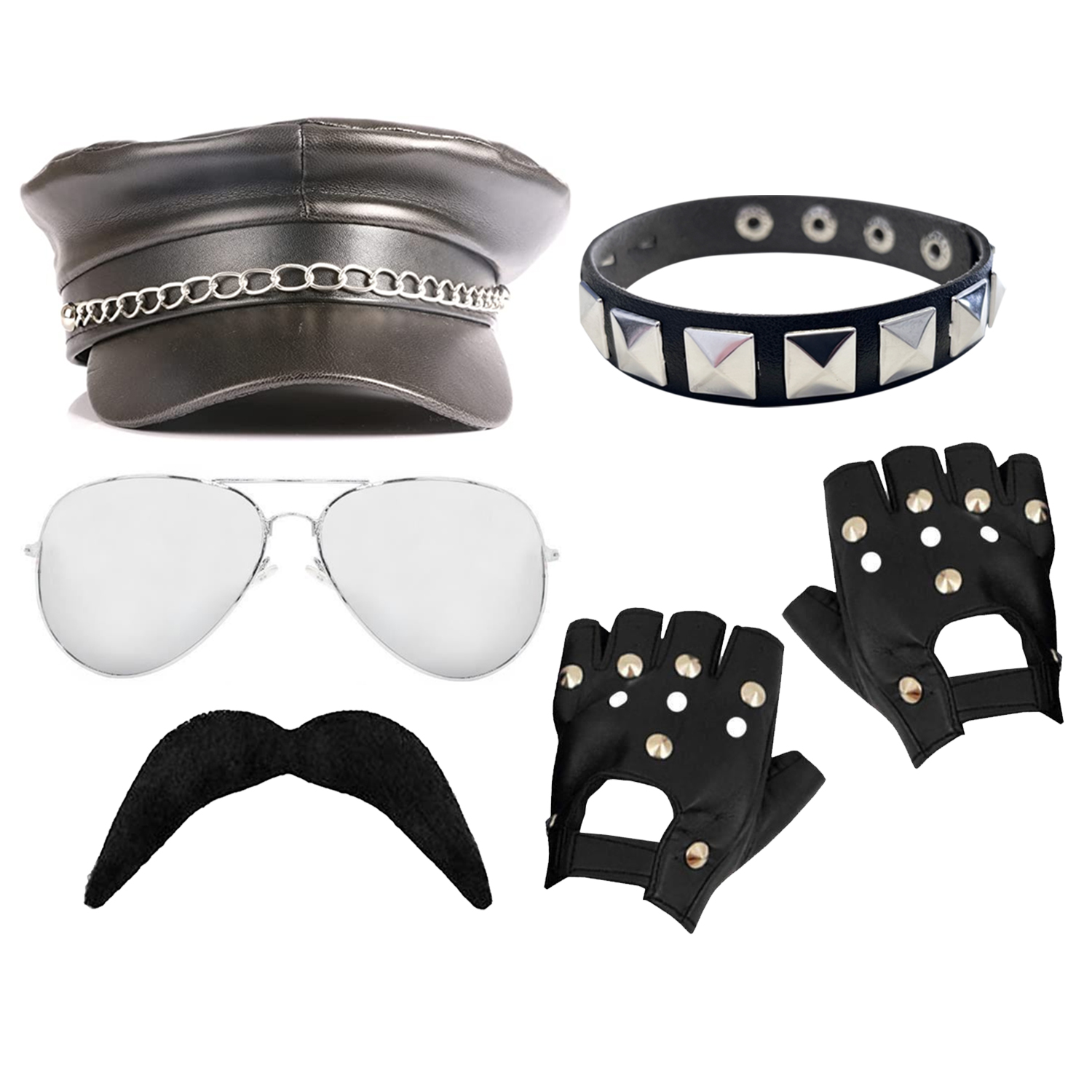 80's Rockstar Accessory Set - Hat, Glasses, Moustache, Studded Armband & Gloves