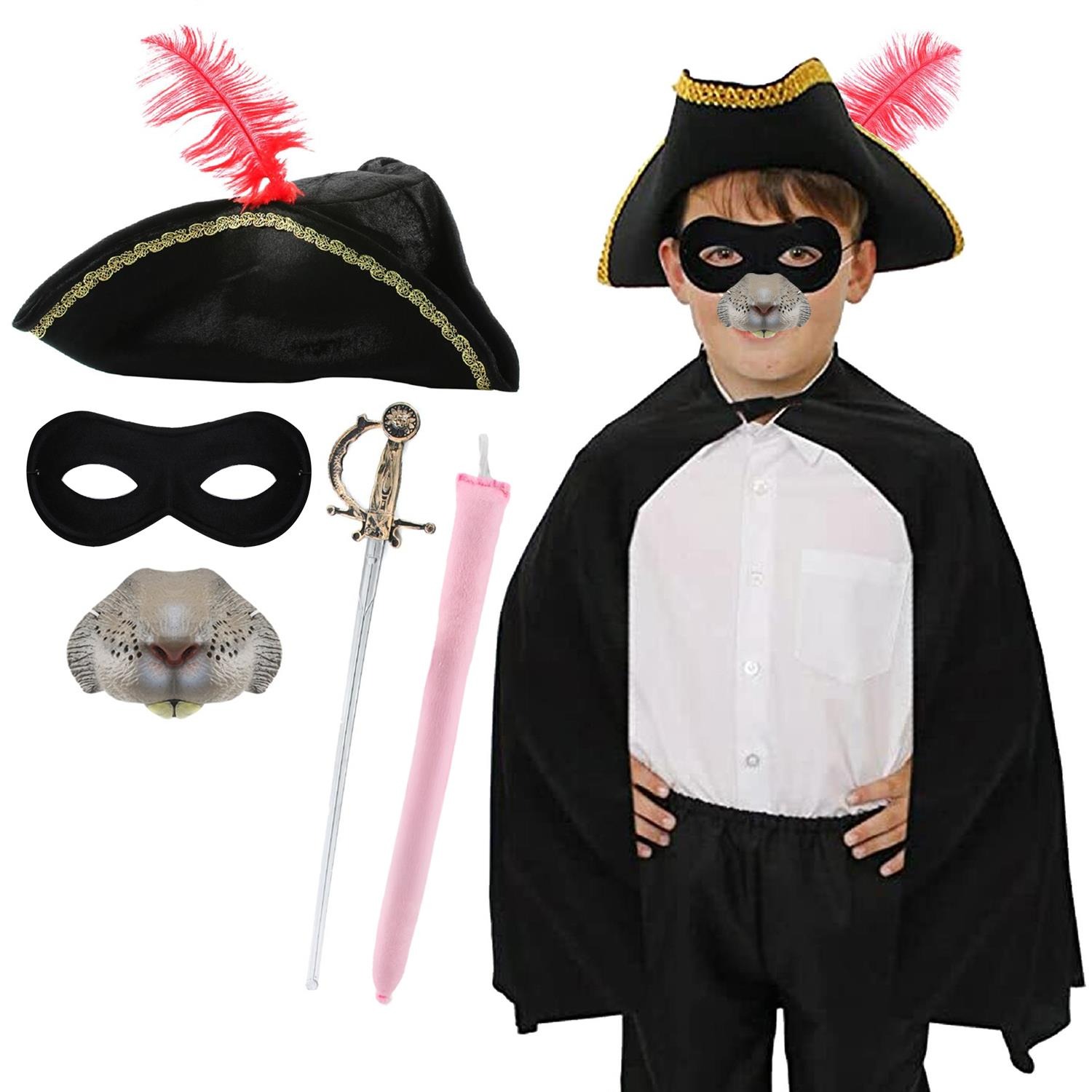 Childs Highway Rodent Costume | 6 Pcs | Cape, Feather Tricorn Hat, Mask, Nose, Sword & Tail