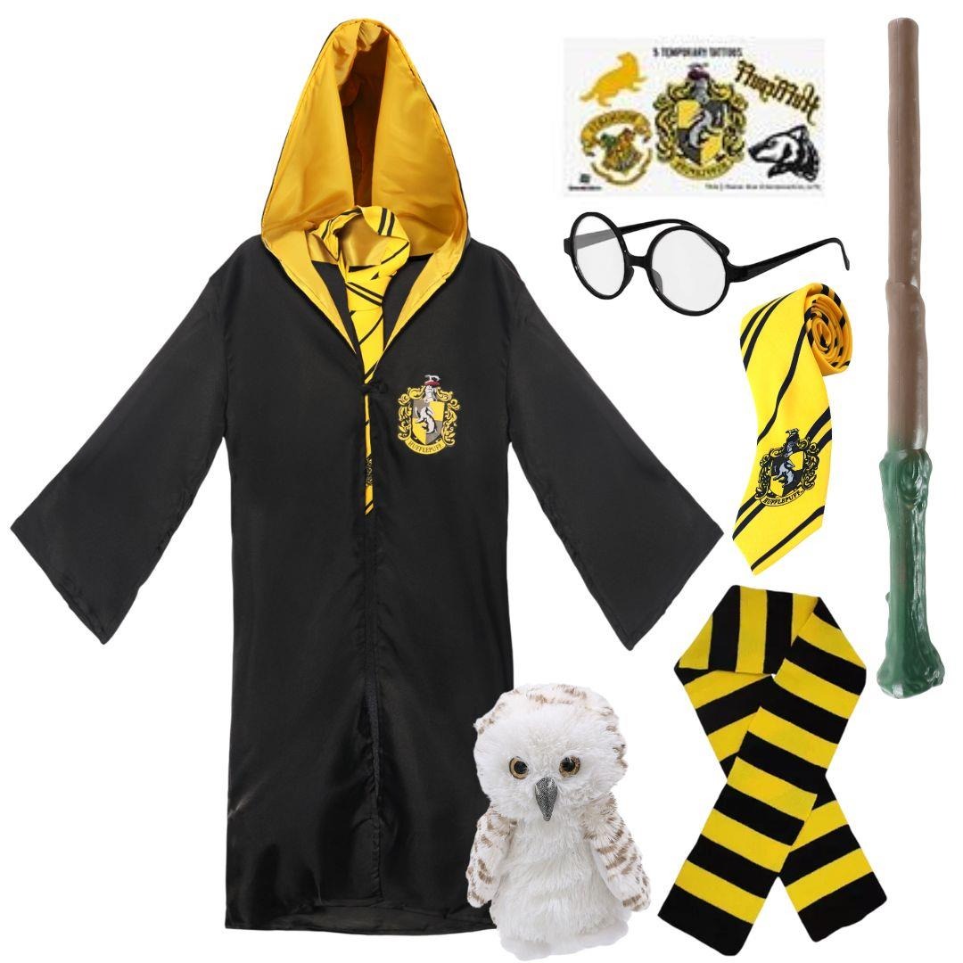Kids Harry Potter Costume | 7 Pcs | Hufflepuff Cloak, Tie, Tattoos, Wand, Glasses, Scarf & Owl
