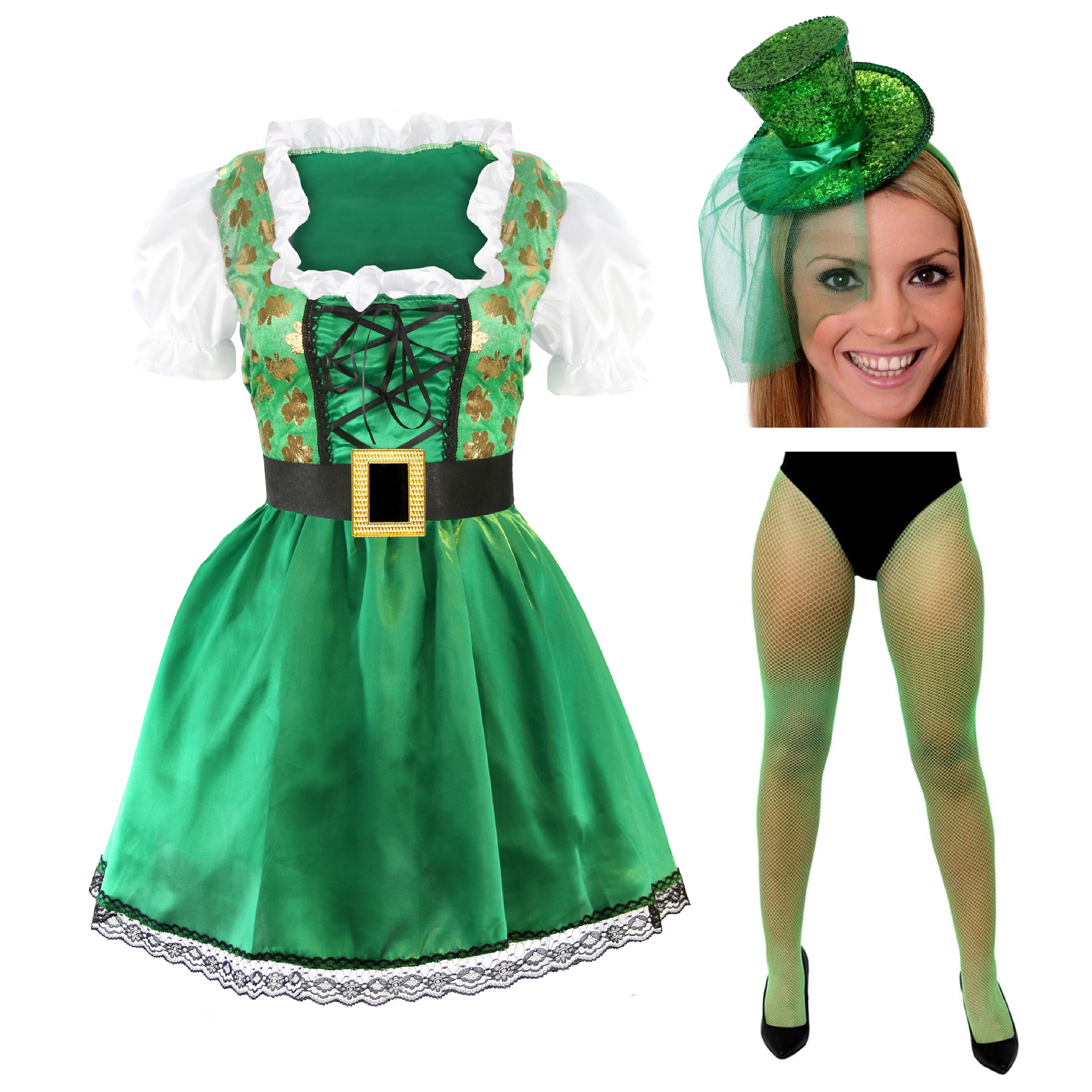 Ladies Irish Shamrock Dress with Green Tights & Mini Hat Fascinator