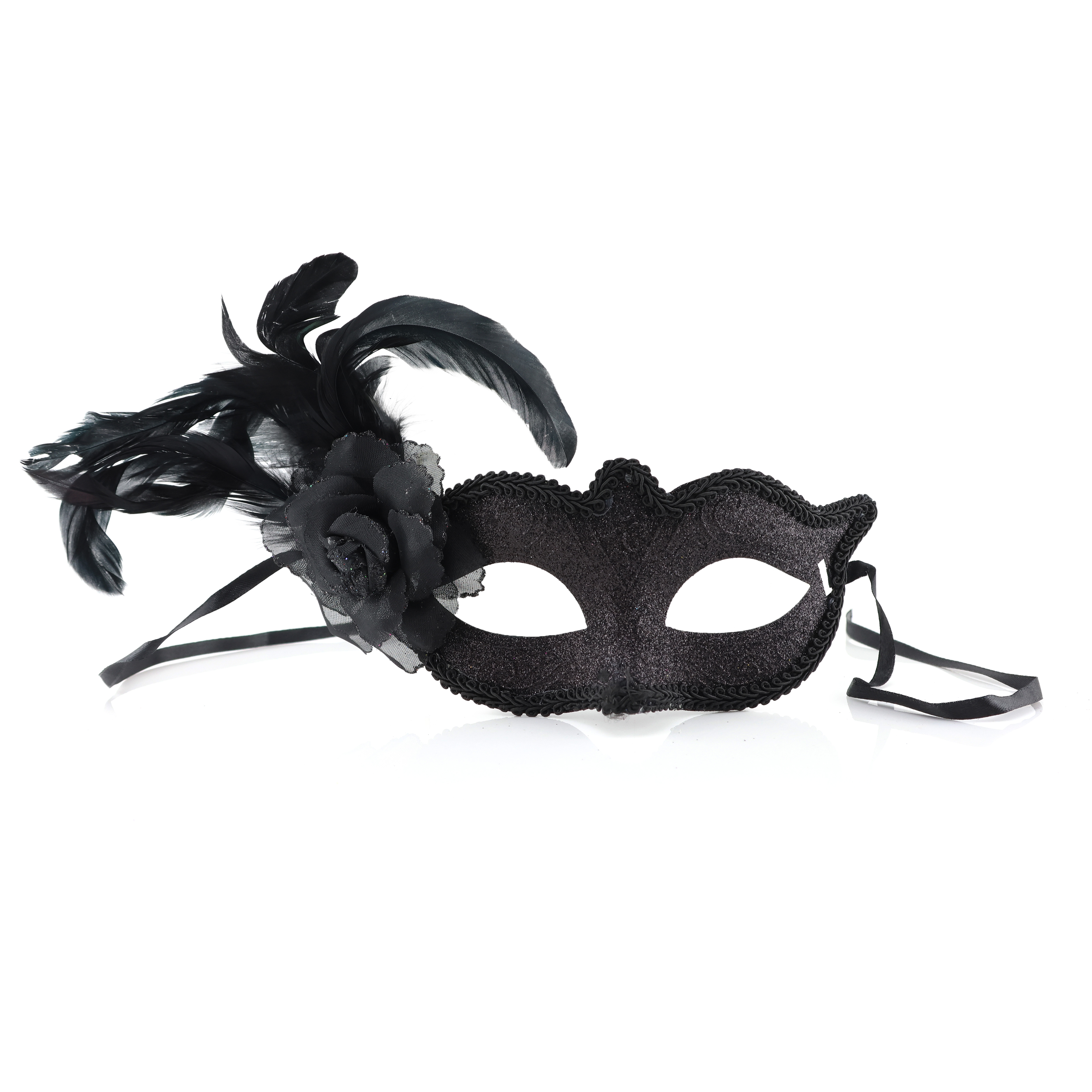 Elegant Black Feather Masquerade Mask – Venetian Style with Lace, Floral Accent & Satin Ties