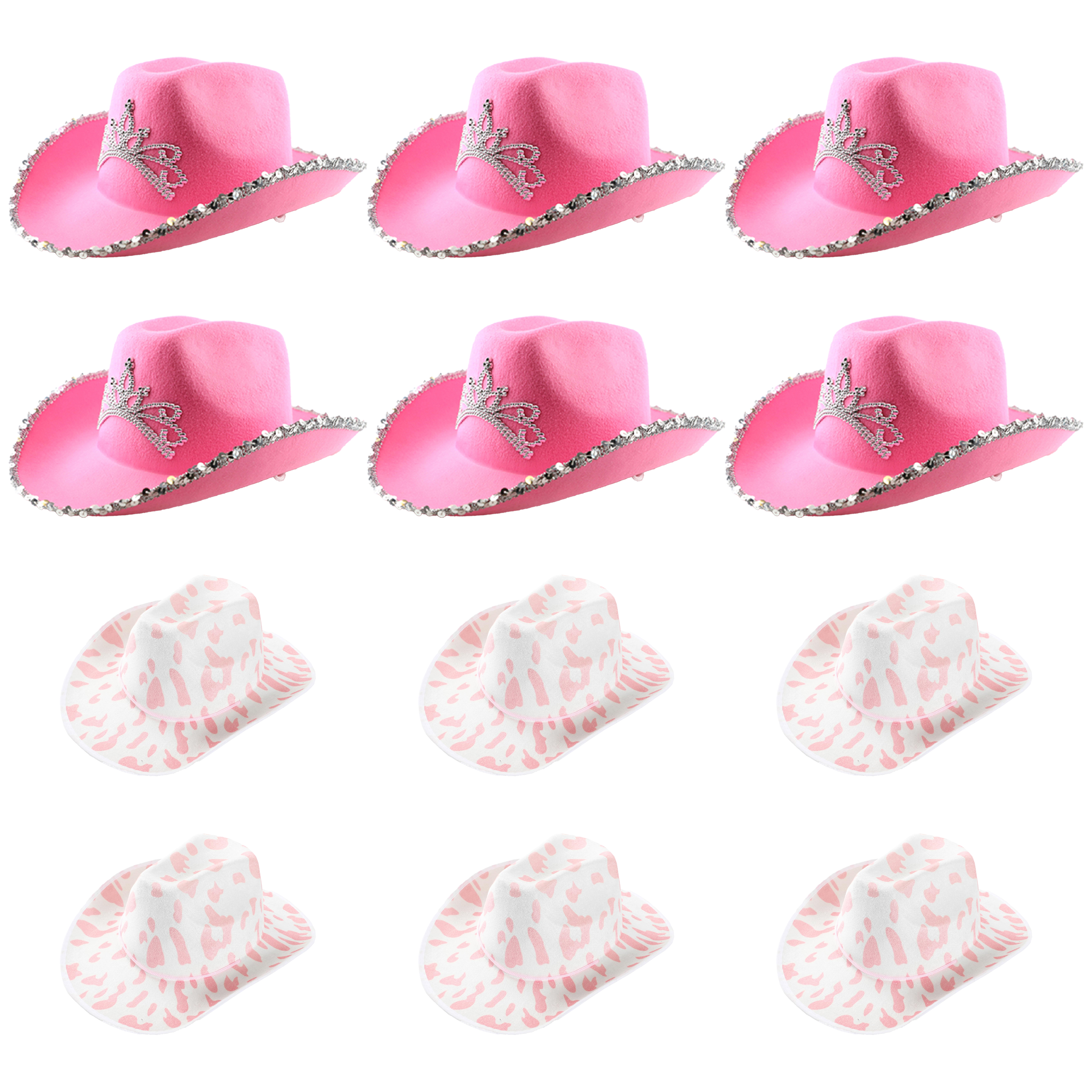 Pack of 12 Pink Cowboy Hats - 6x Tiara & 6x Cowprint