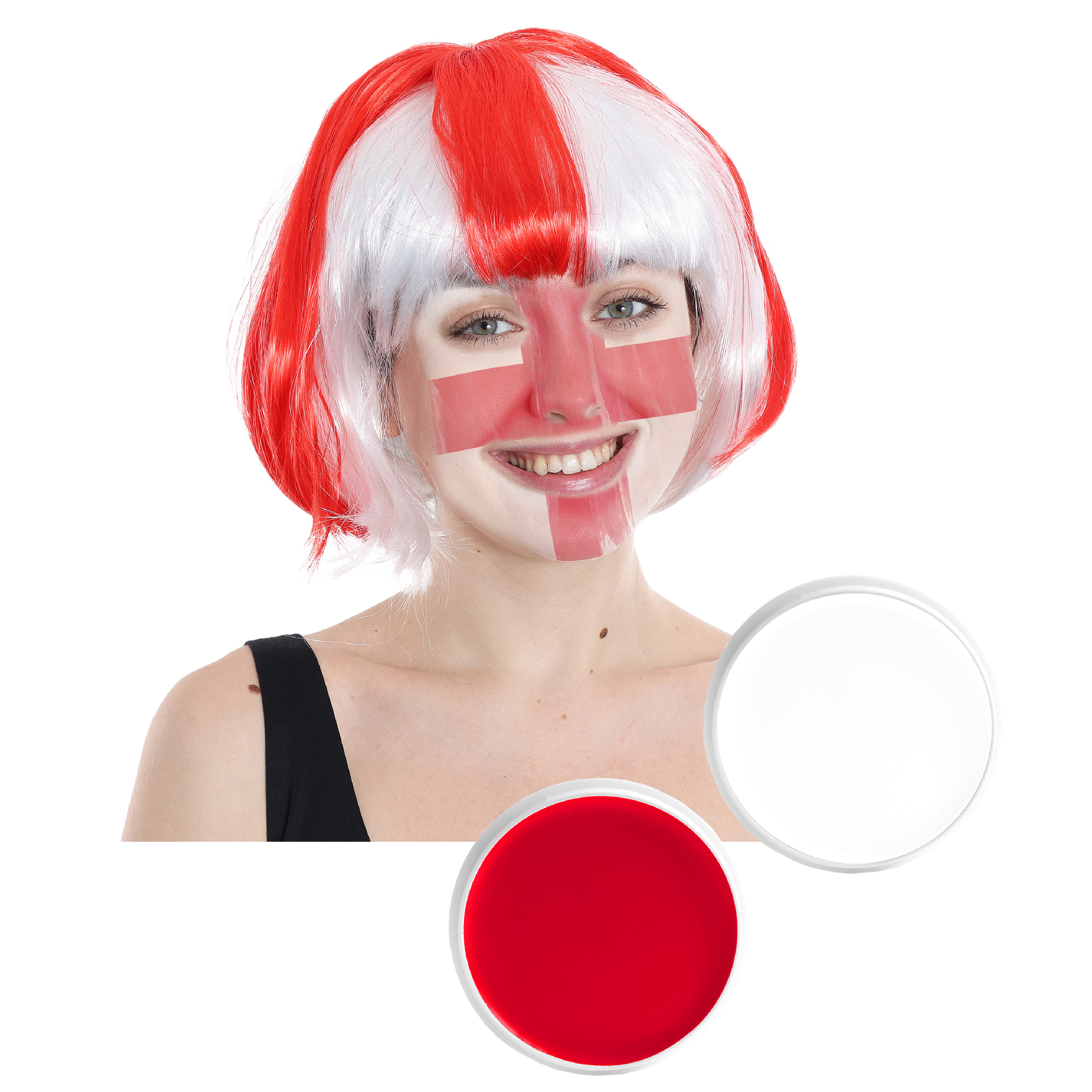England Bob Wig & Red and White Face Paint