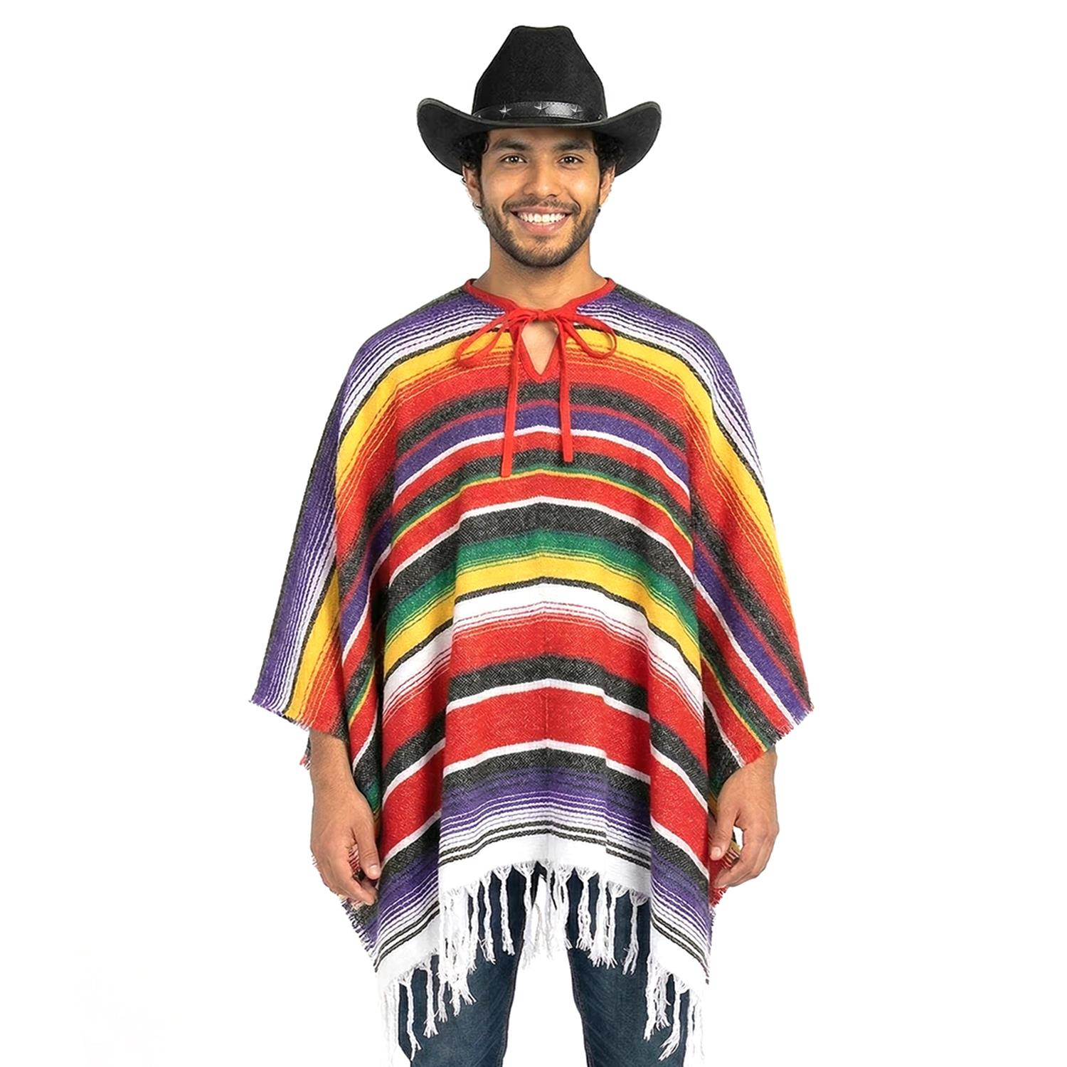 Adults Western Cowboy Costume | 2 Pcs | Poncho & Black Star Studded Hat