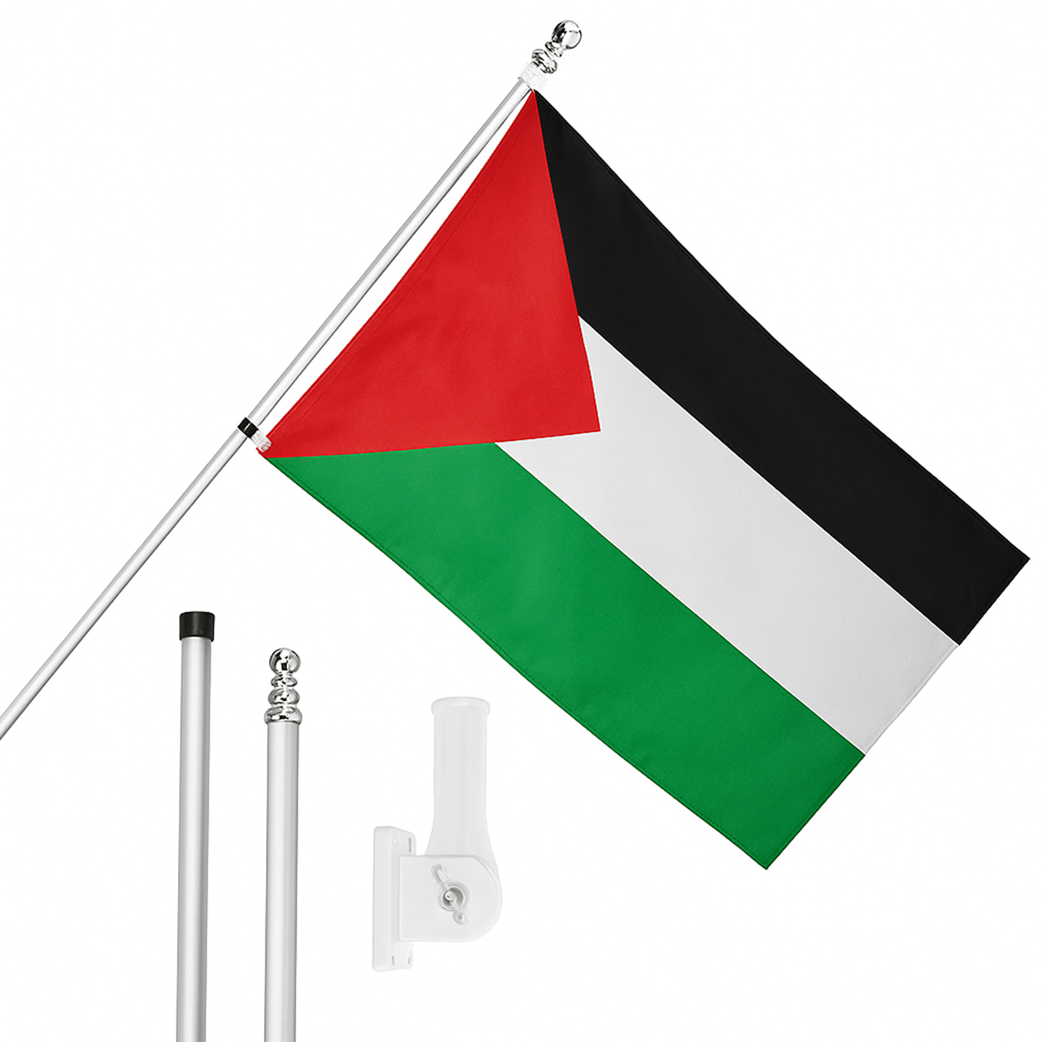 Large 5ft X 3ft Palestine Flag with 6ft Pole & Wall Bracket