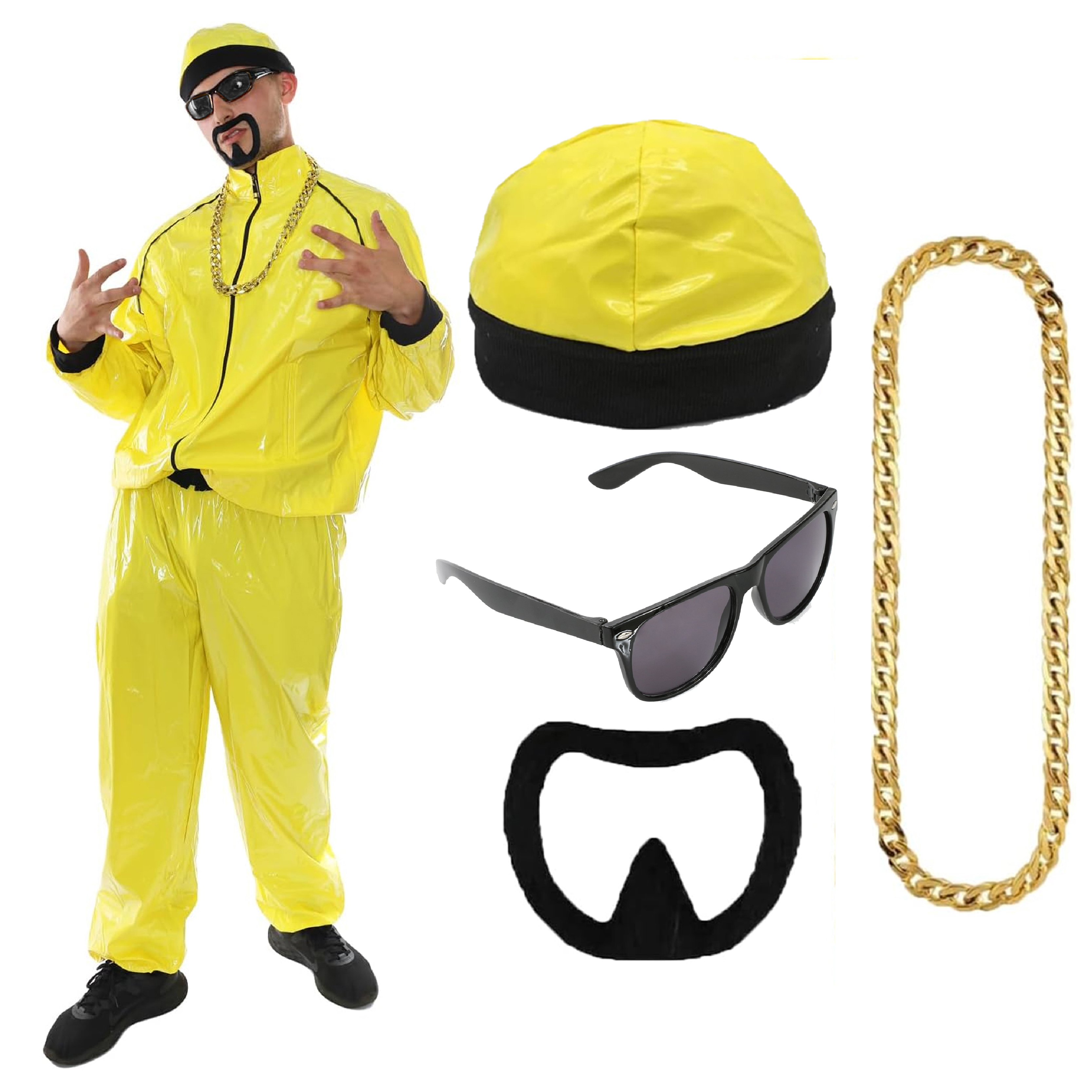 Adults Funny 90's Rapper Costume - Yellow Hat, Square Glasses, Goatee & Gold Chain