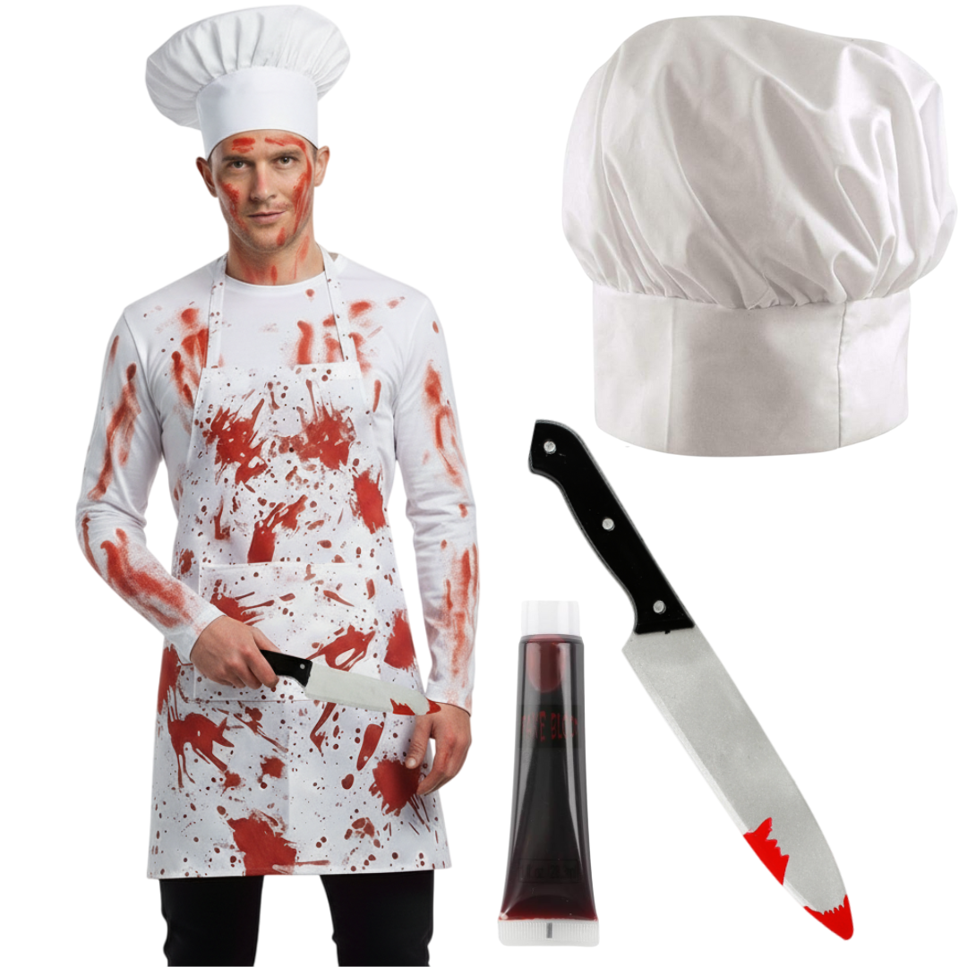 Adults Halloween Chef Costume | 4 Pcs | Bloody Apron, Chef Hat, Knife & Fake Blood