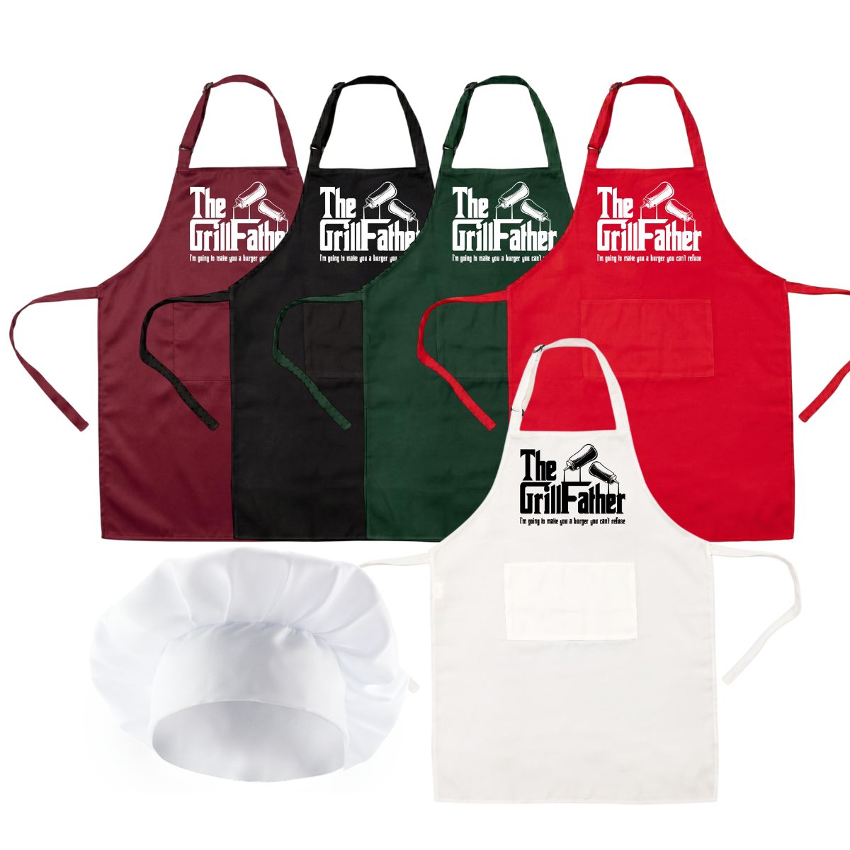 Grill Father Apron & Chef Hat Set | Funny BBQ Apron for Men | Novelty Cooking Apron | Adjustable One Size