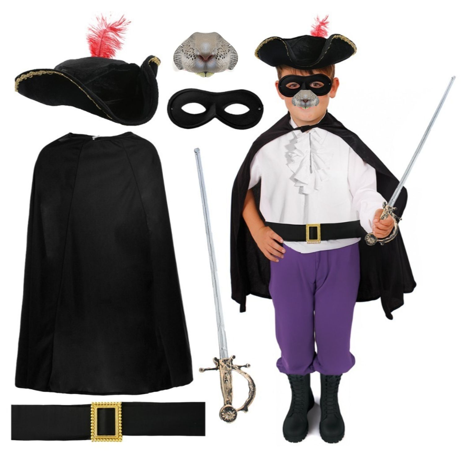 Childs Highway Rodent Costume | 6 Pcs | Cape, Feather Tricorn Hat, Mask, Nose, Sword & Belt