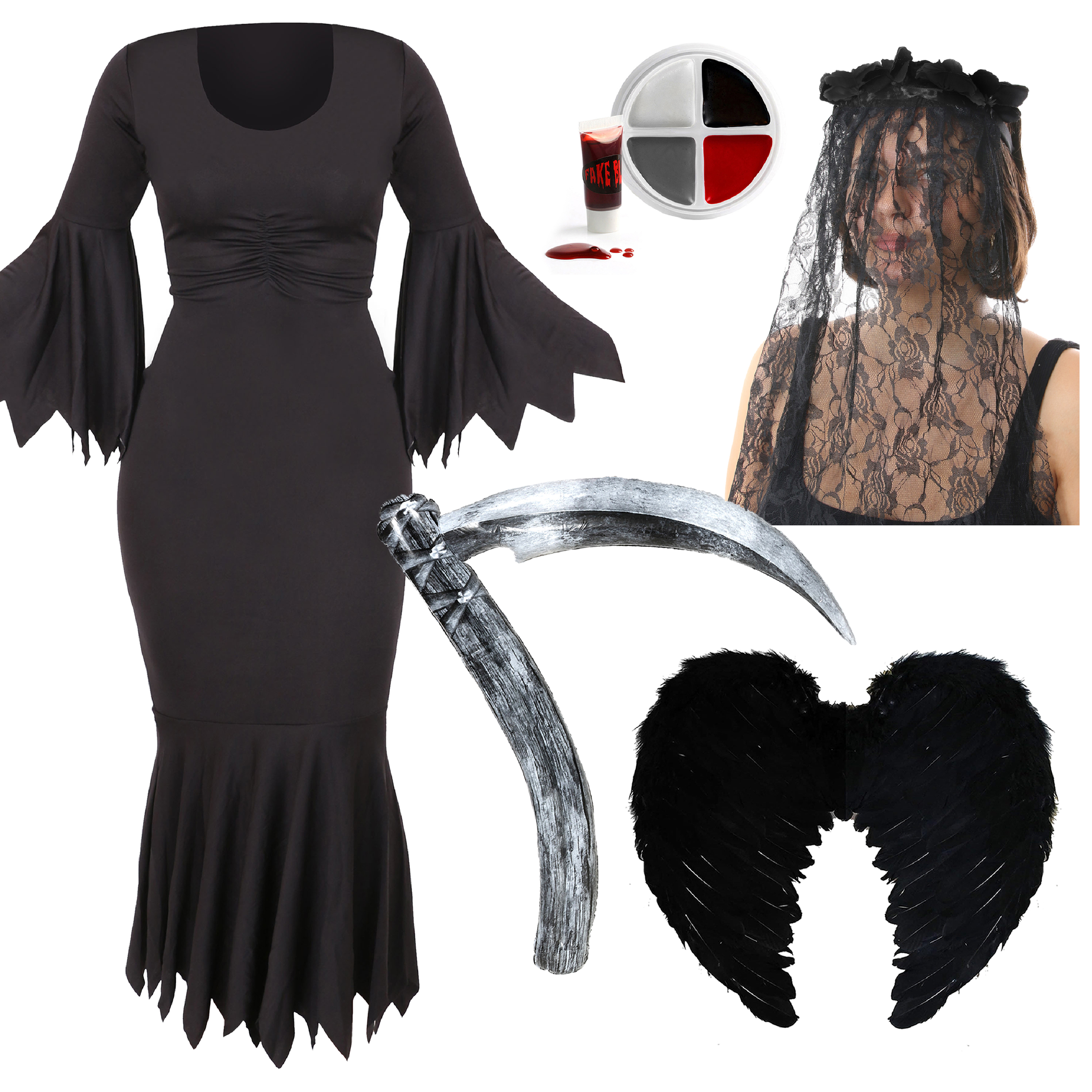 Ladies Reaper Costume - Dress, Wings, Face Paint, Veil & Inflatable Scythe