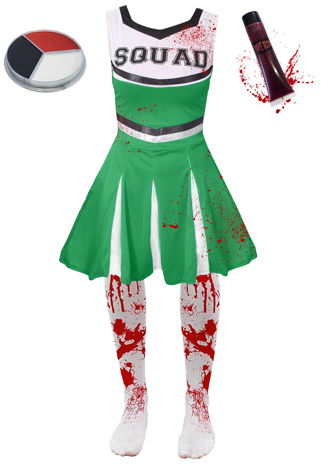 Girls Green Zombie Cheerleader Halloween Fancy Dress Costume with Tights