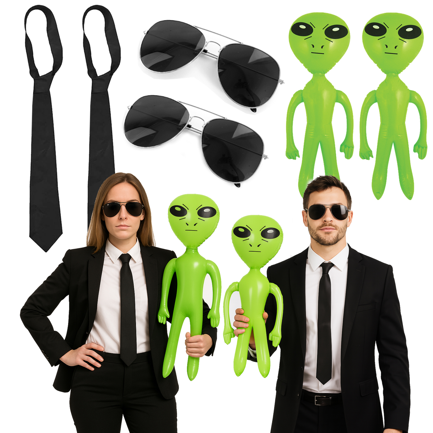 Couples Secret Agent Accessory Set | 6 Pcs | Tie, Glasses & Inflatable Alien