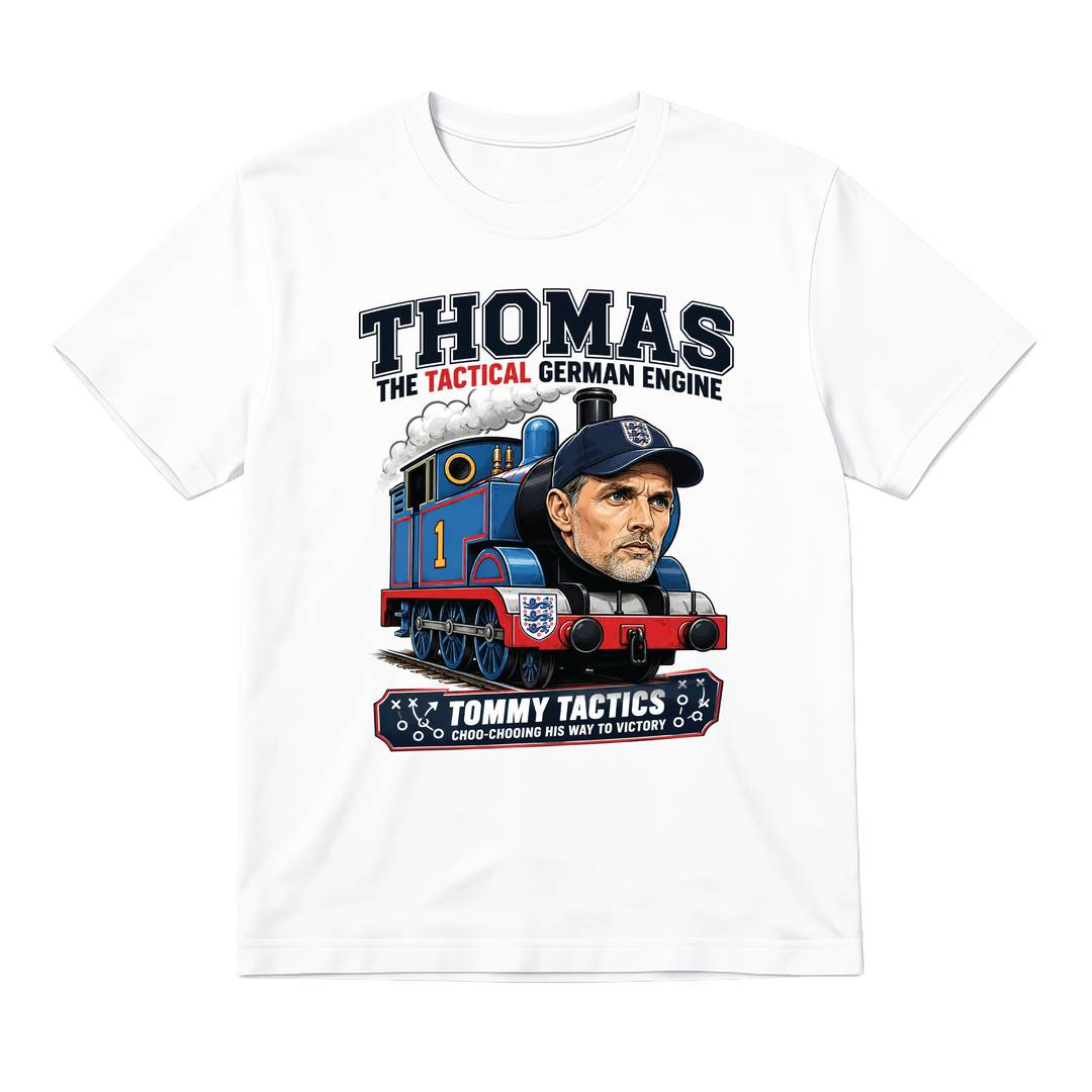 Adults Football T-Shirt | Men's & Women's Funny England Supporter Tee | White "Thomas The Tactical German Engine" Graphic Top