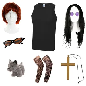 Osbourne Couple Costume Set | 9 Pcs | Vest, Tattoo Sleeves, Wigs, Glasses, Necklace & Toy Dog