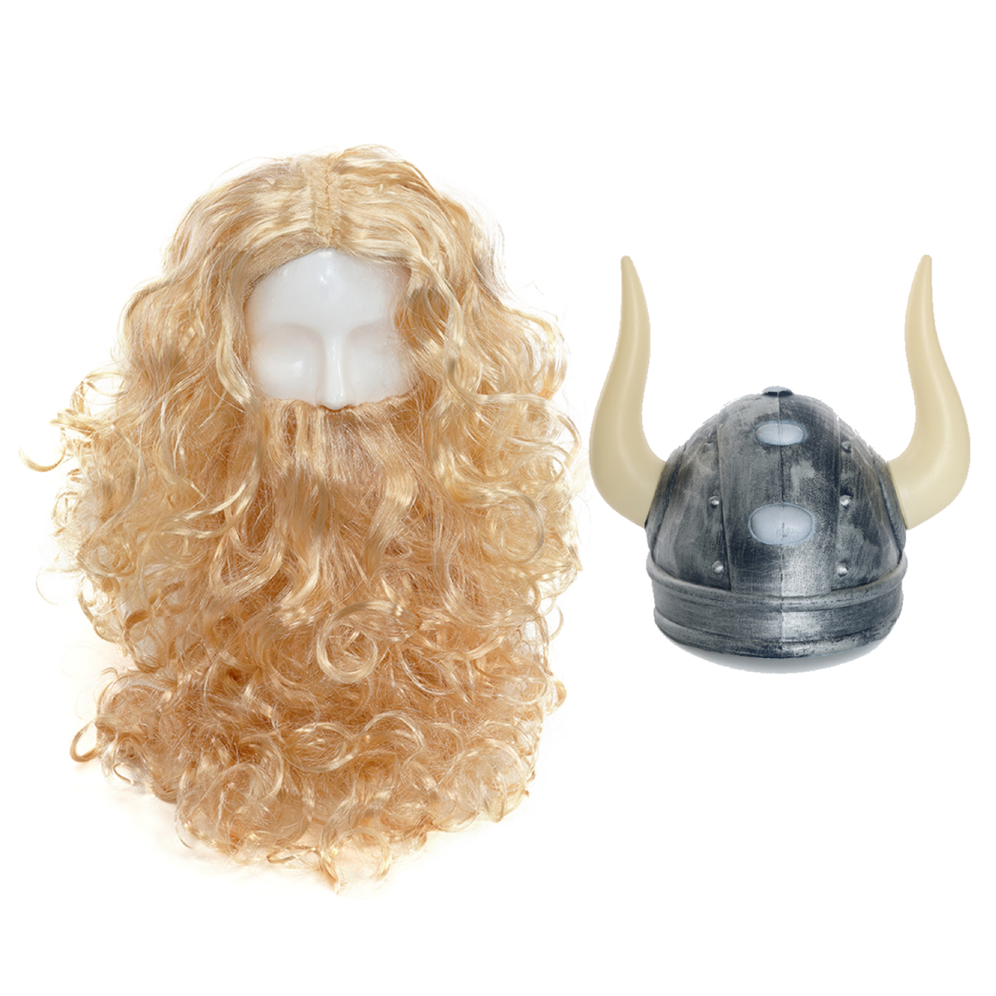 Viking Accessory Set - Wig, Beard & Silver Helmet