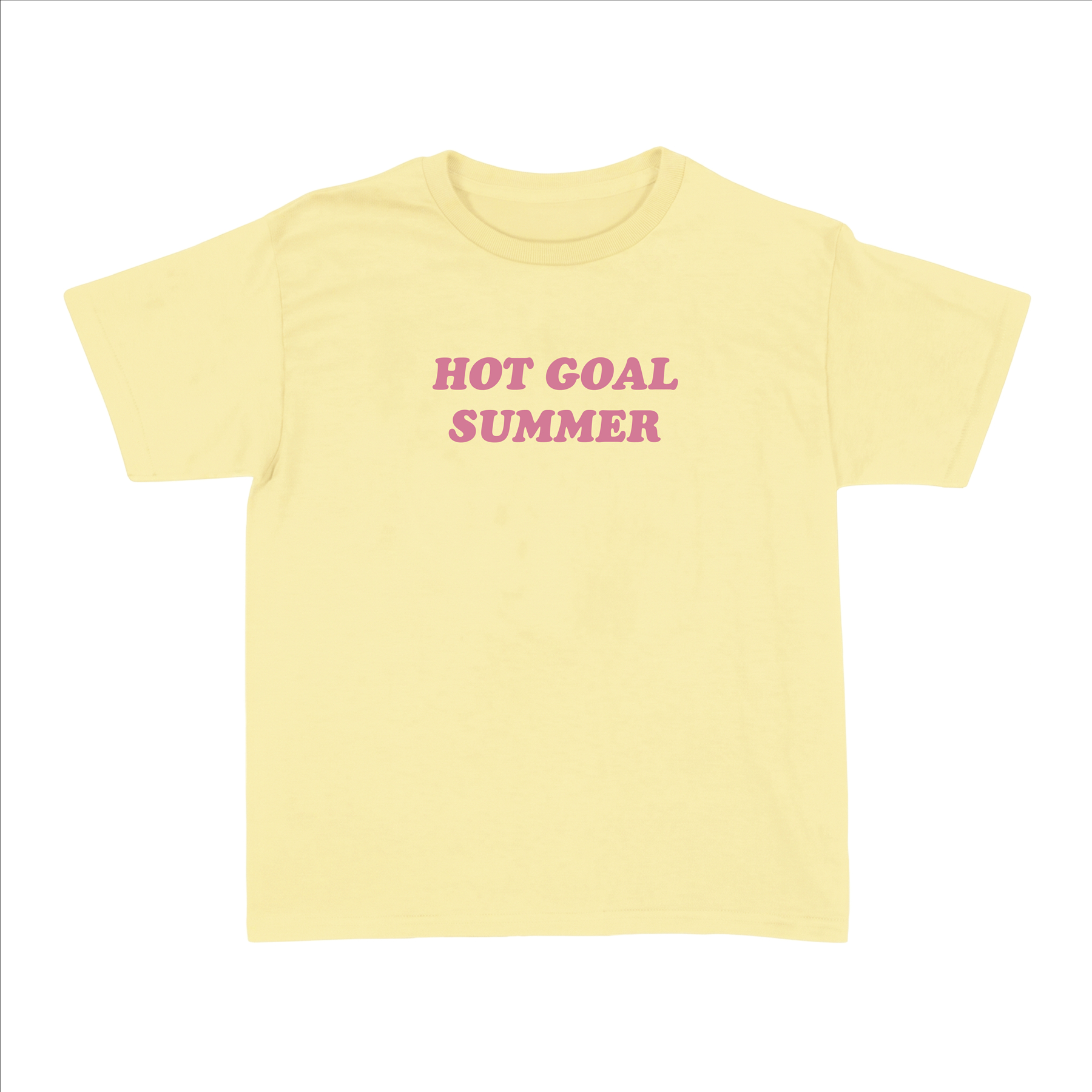 Ladies “Hot Goal Summer” Baby Tee | Women’s Funny Football Supporter Tee | Yellow Slogan Top with Pink Text