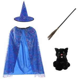 Girls Blue Witch Costume Set - Black Cat & Broom