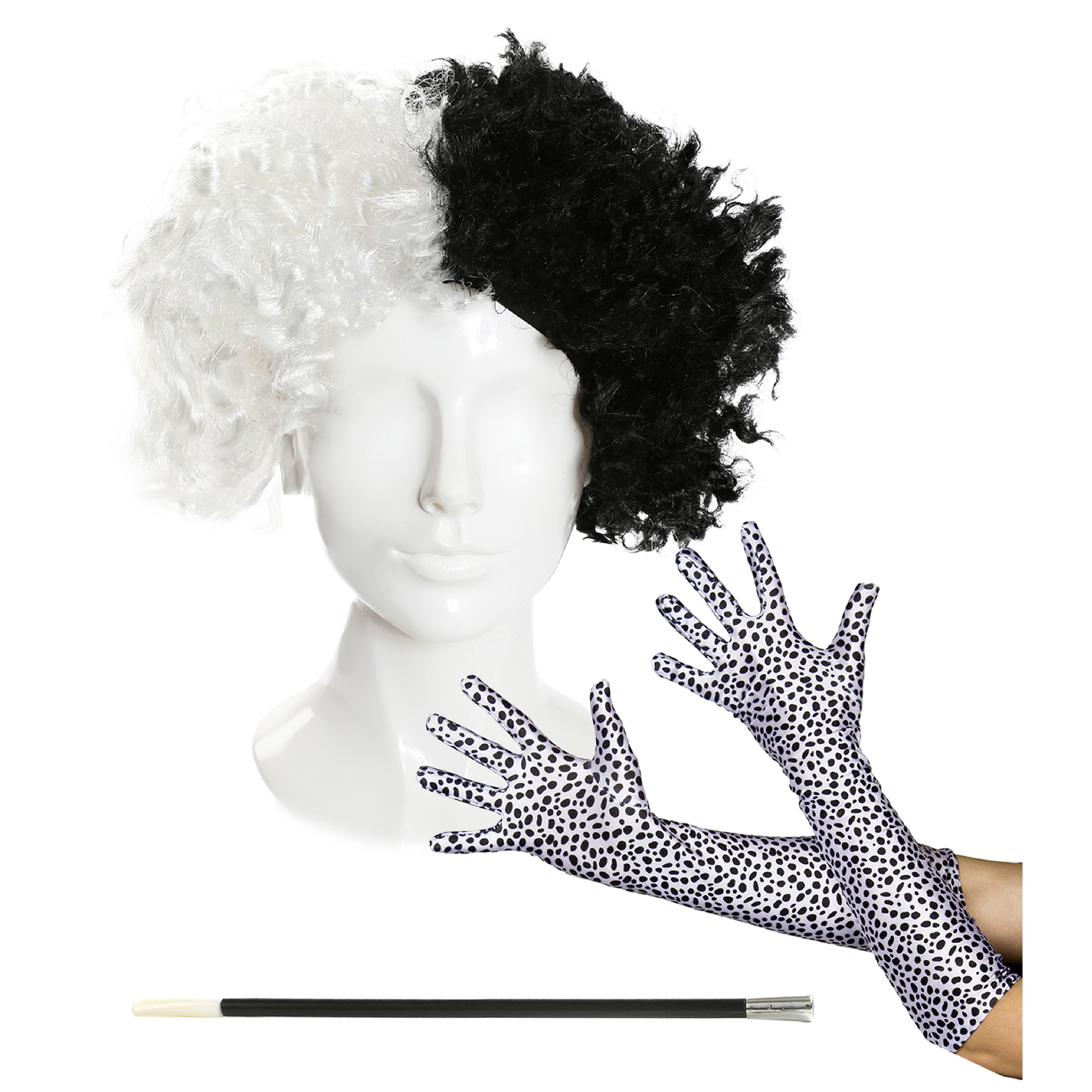 Evil Dog Lady Accessory Set - Crimped Wig, Dalmatian Gloves & Plastic Cig Holder