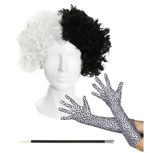 Evil Dog Lady Accessory Set - Crimped Wig, Dalmatian Gloves & Plastic Cig Holder