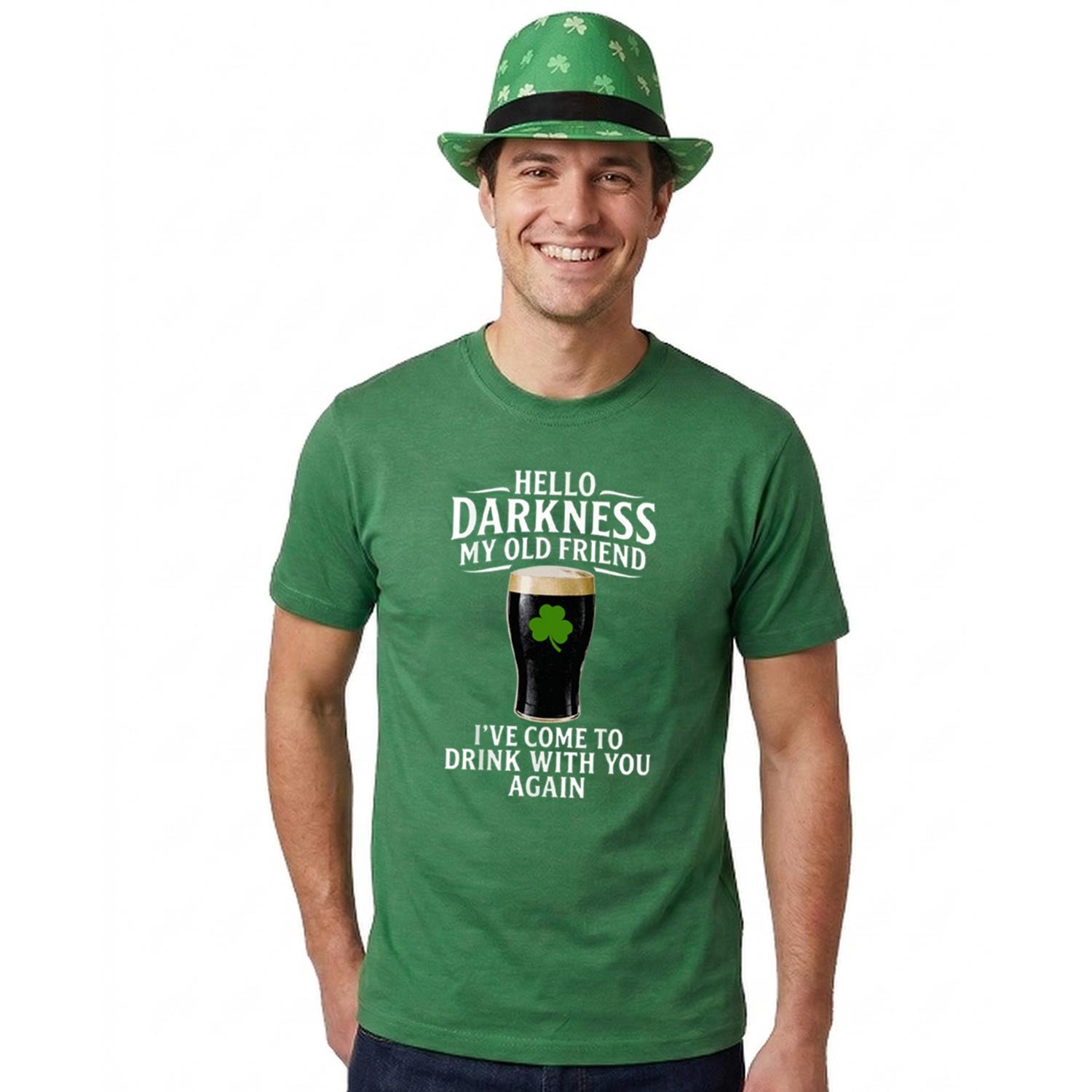 Adults Funny St Patricks Day Costume | Trilby Hat & T-Shirt “Hello Darkness My Old Friend I've Come to Drink with You Again” | Green Tee with White Print