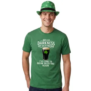 Adults Funny St Patricks Day Costume | Trilby Hat & T-Shirt “Hello Darkness My Old Friend I've Come to Drink with You Again” | Green Tee with White Print