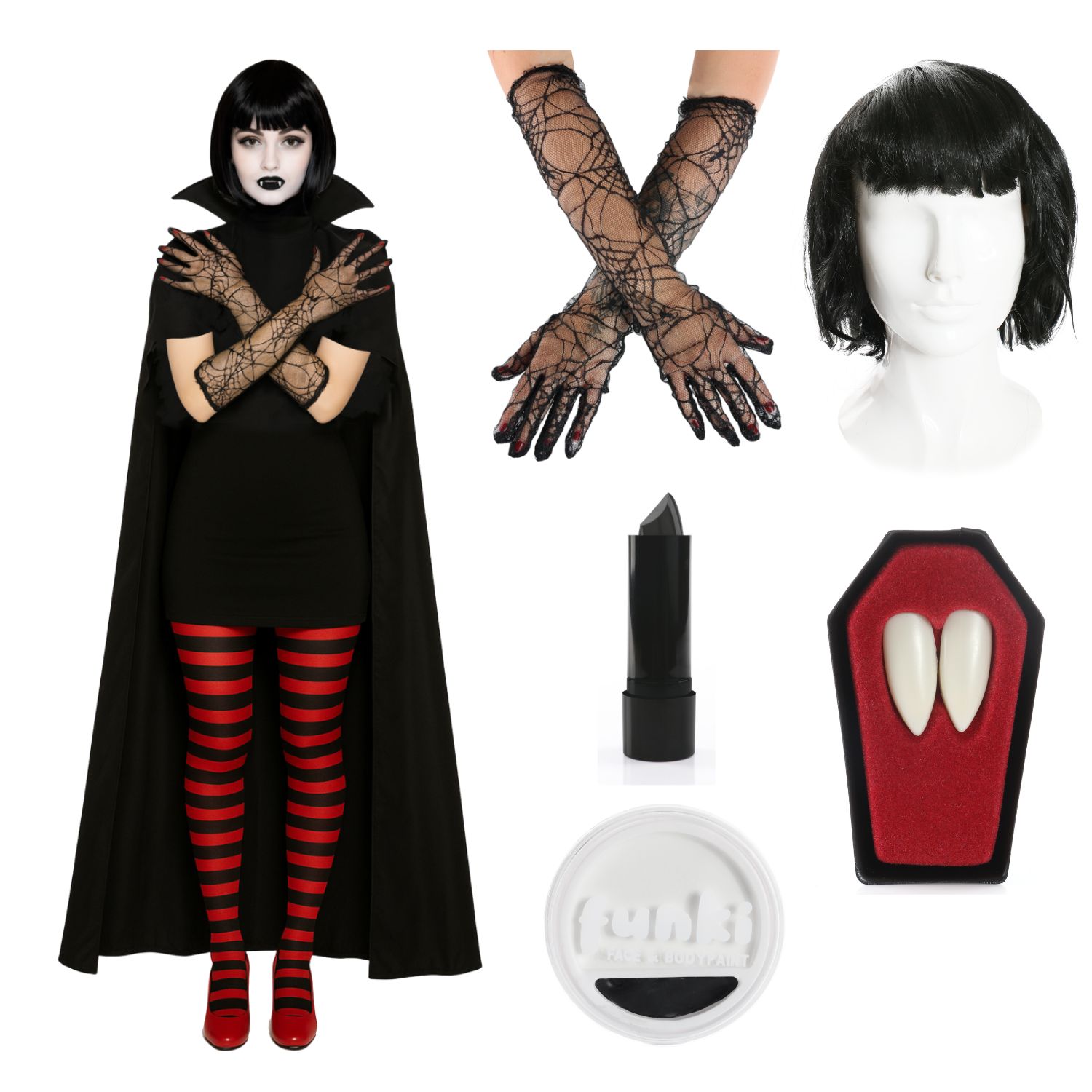 Ladies Hotel Vampire Costume Set | 6 Pcs | Cape, Gloves, Wig, Lipstick, Fangs & Face Paint