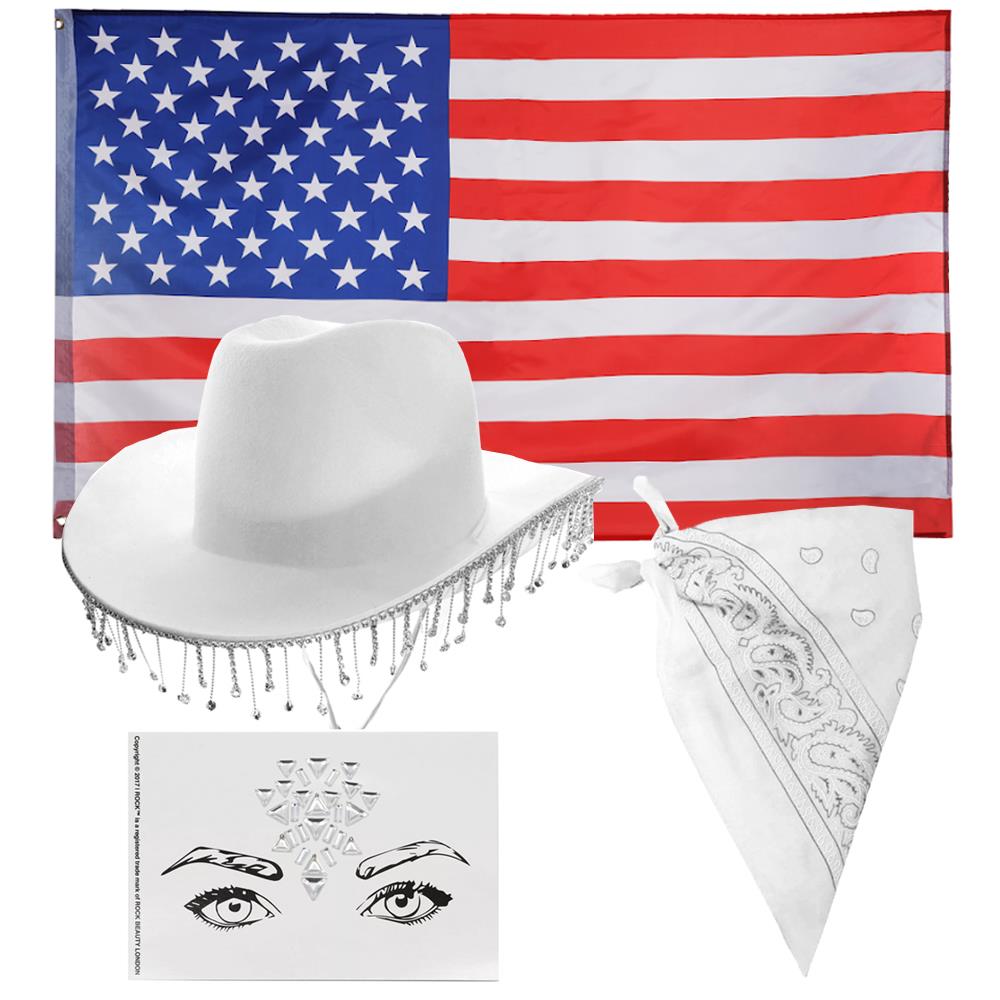Western Cowboy Accessory Set - White Hat with Diamantes, Face Gems, Bandana & American Flag