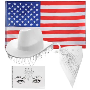 Western Cowboy Accessory Set - White Hat with Diamantes, Face Gems, Bandana & American Flag