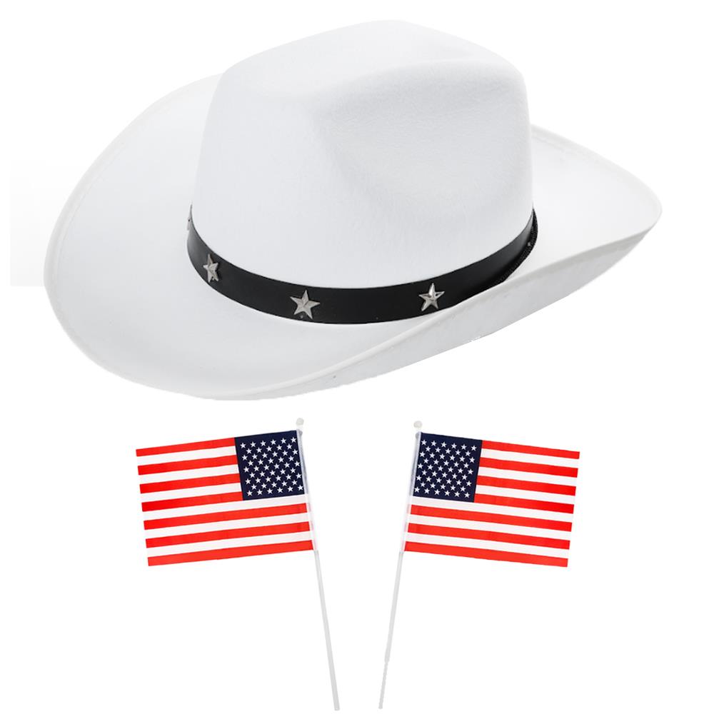 Western Cowboy Accessory Set - White Star Studded Hat & 2 American Hand Waving Flags