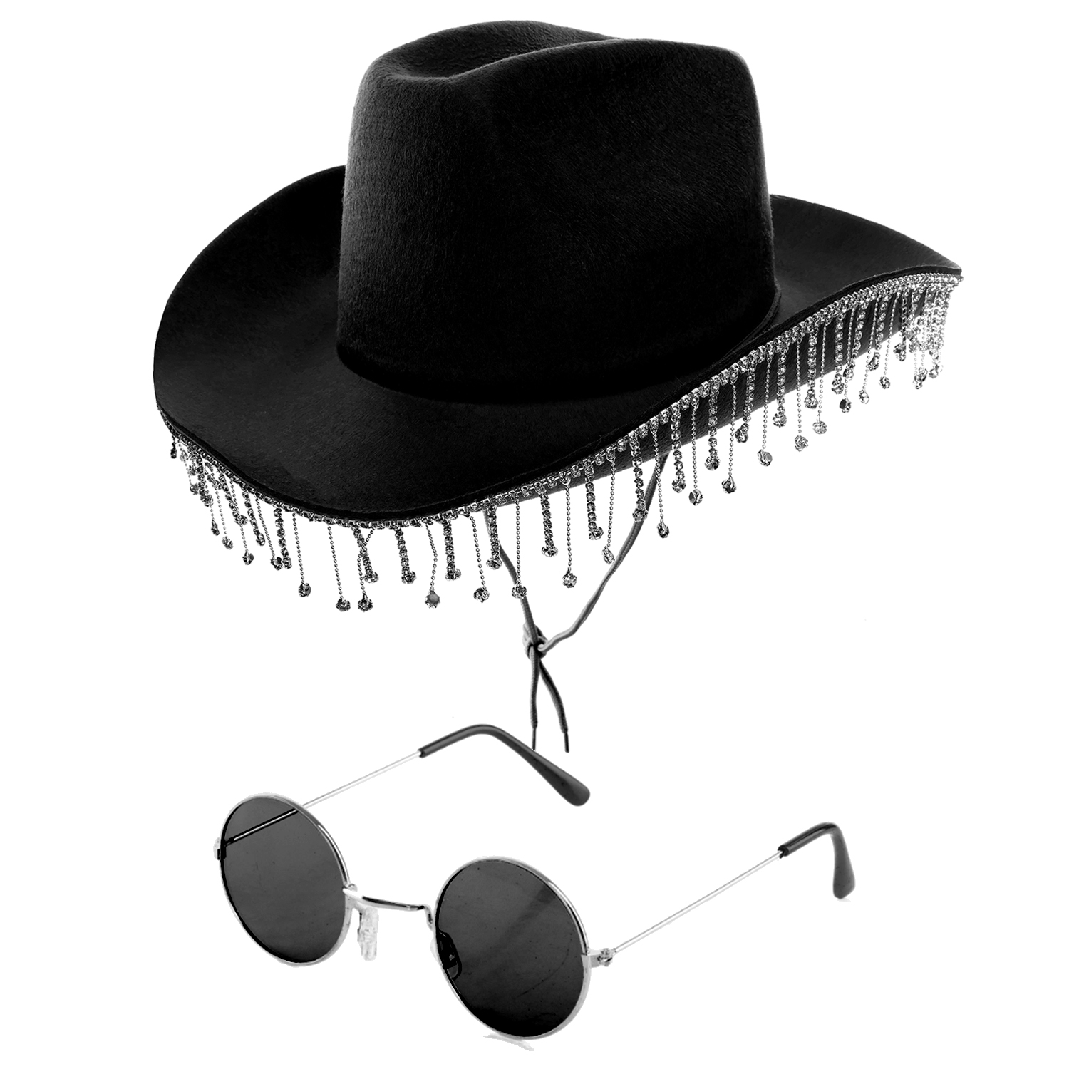 Black Cowboy Hat with Diamantes & Circular Glasses