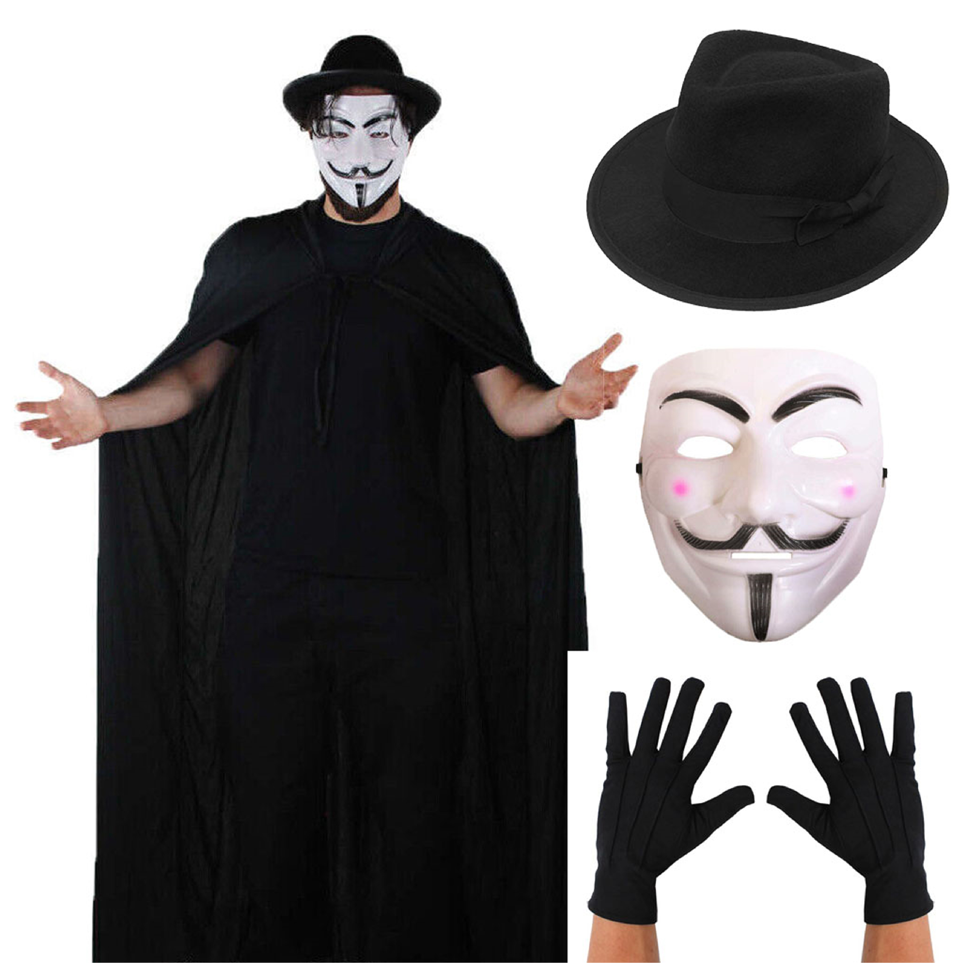 Anonymous Set - Black Gloves, Black Trilby Hat, Hooded Cape, Vendetta Mask