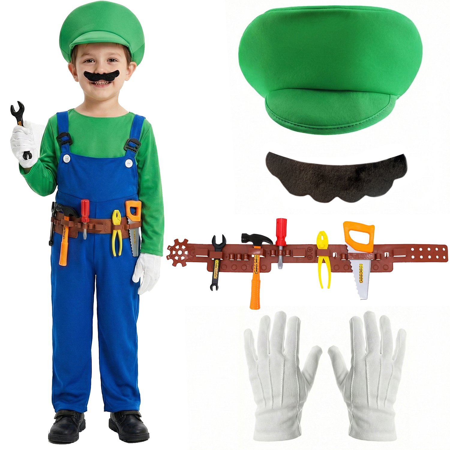 Kids Green Super Workman Costume | 6 Pcs | Dungarees, Top, Hat, Gloves, Tash & Tool Belt